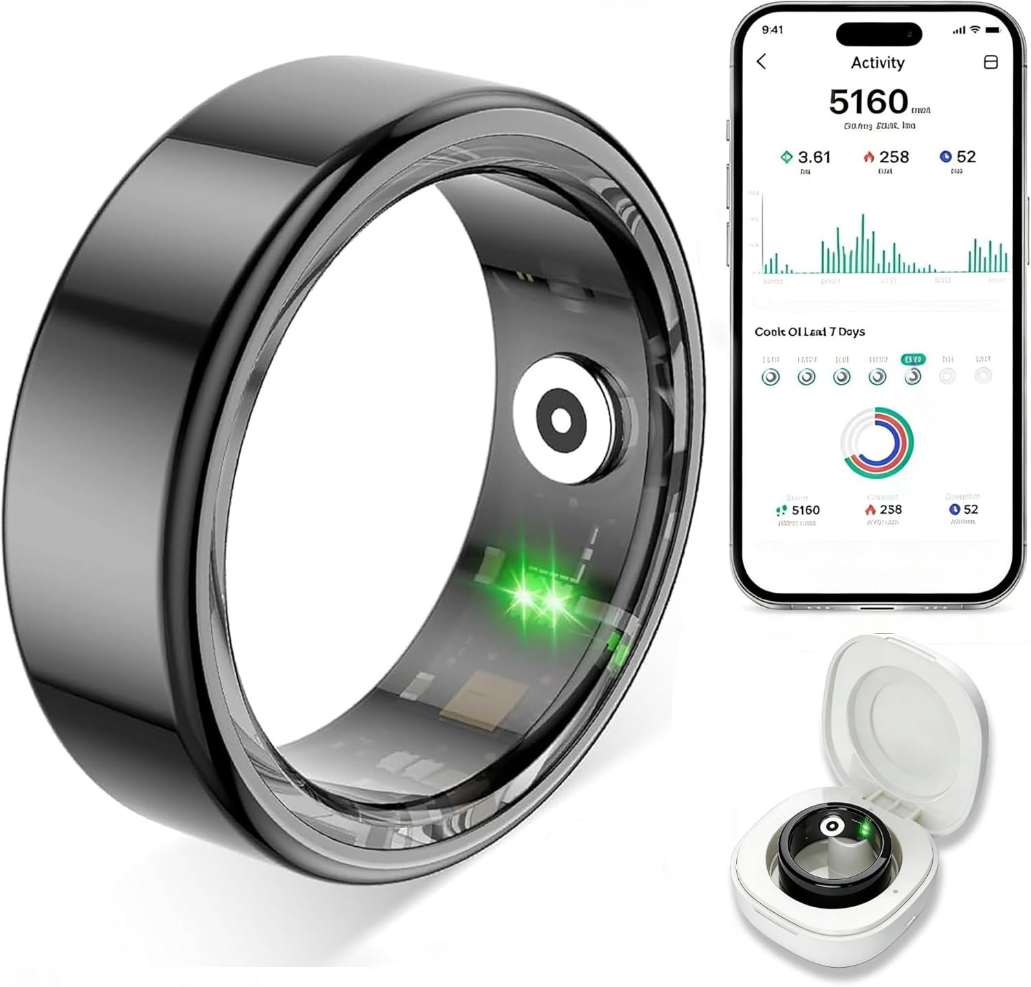Smart Ring for Women Men,Fitness Tracker Ring with Heart Rate, Sleep Monitoring, Blood Oxygen, Step Counting for iOS and Android, No Subscription Fee, Waterproof (Black,9)