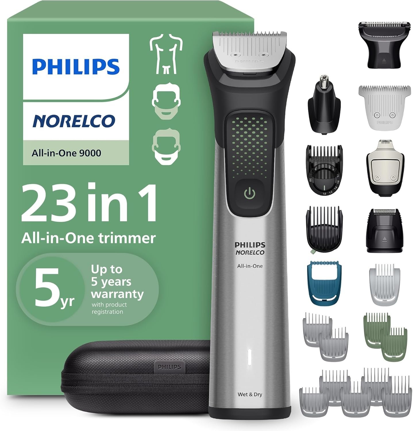 Norelco Philips All-in-One 9000 Series 23-Piece Trimmer – Electric Shaver and Clipper for Face, Beard, Head & Body, Self-Sharpening Full Metal Blades, 29 Length Settings (0.5-16 mm), MG9575/49
