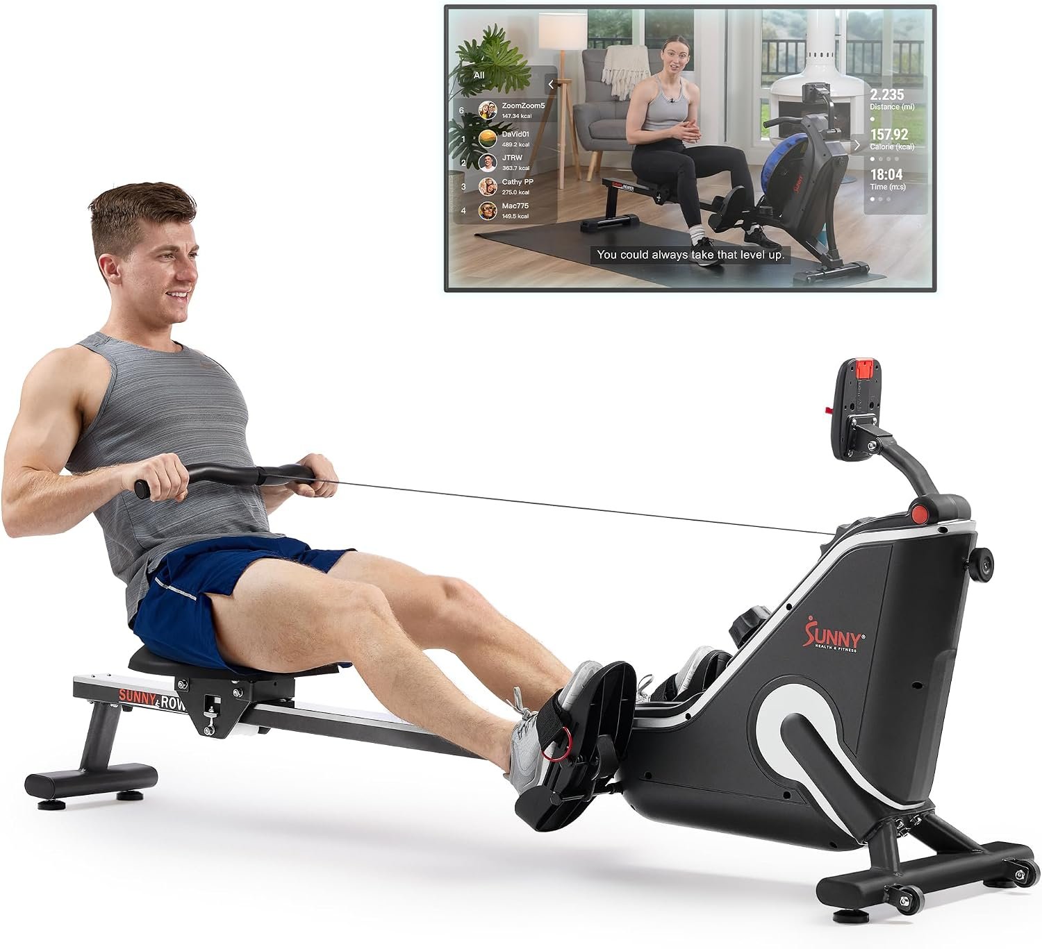 Sunny Health & Fitness Smart Flippable Magnetic Rower, 50 Inches Quiet & Smooth Stainless Steel Slide Rail, Full-Body Low-Impact Exercise Rowing Machine For Home, Free SunnyFit Training APP Connection