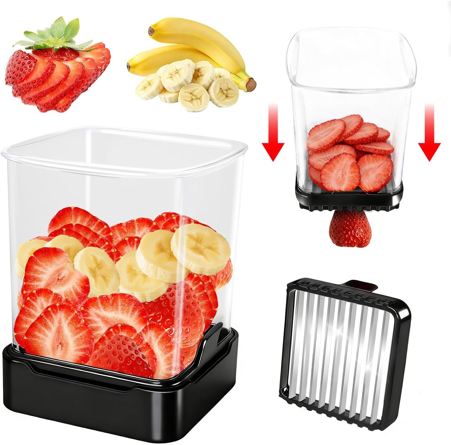 Fruit Slicer Cup for Strawberry, Banana, Hard-Boiled Egg – Detachable Cutter with Push Plate – 304 Stainless Steel Blade – Rapid & Safe Slicing Kitchen Gadget for Quick Meal Prep (Black)