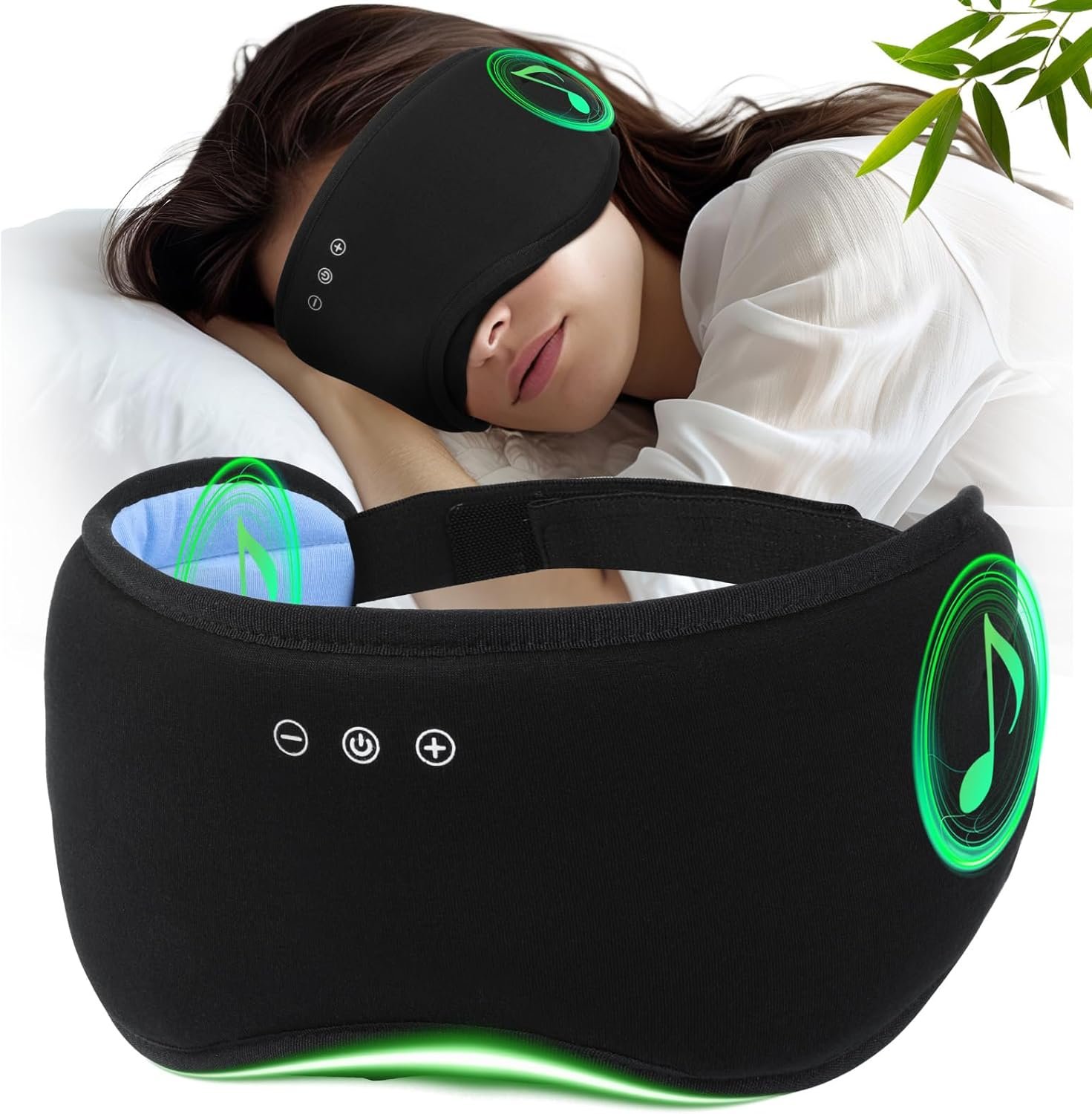 Sleep Headphones with Bluetooth 5.4 Sleep Mask, Bamboo Cotton Music Wireless Bluetooth Eye Mask for Sleeping, Earphones HD Speaker Microphone for Travel, Gifts for Men Women, Green