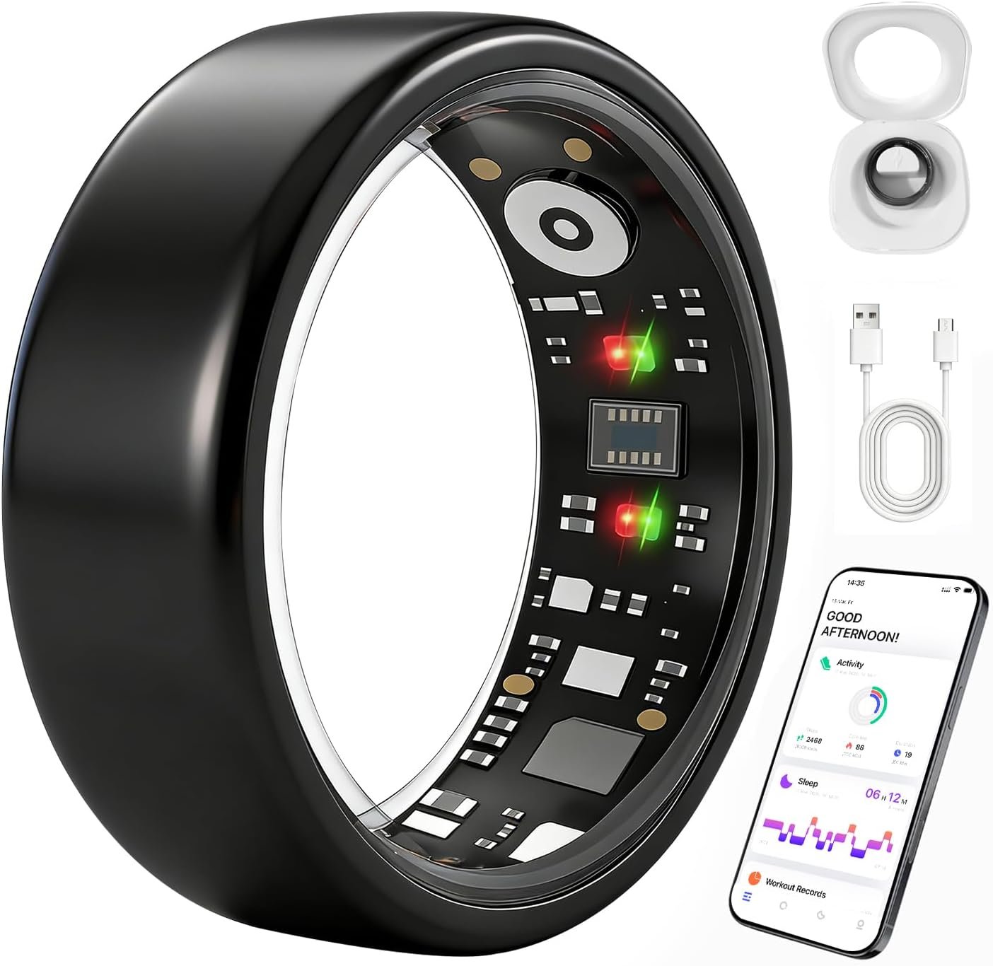 Smart Ring for Women Men, Health Fitness Ring Gen 3 with Free App No Subscription Fee, Stress & Sleep Monitor, Heart Rate & Step Tracker, IP68 Waterproof, Android/iOS Compatible (Black,14)