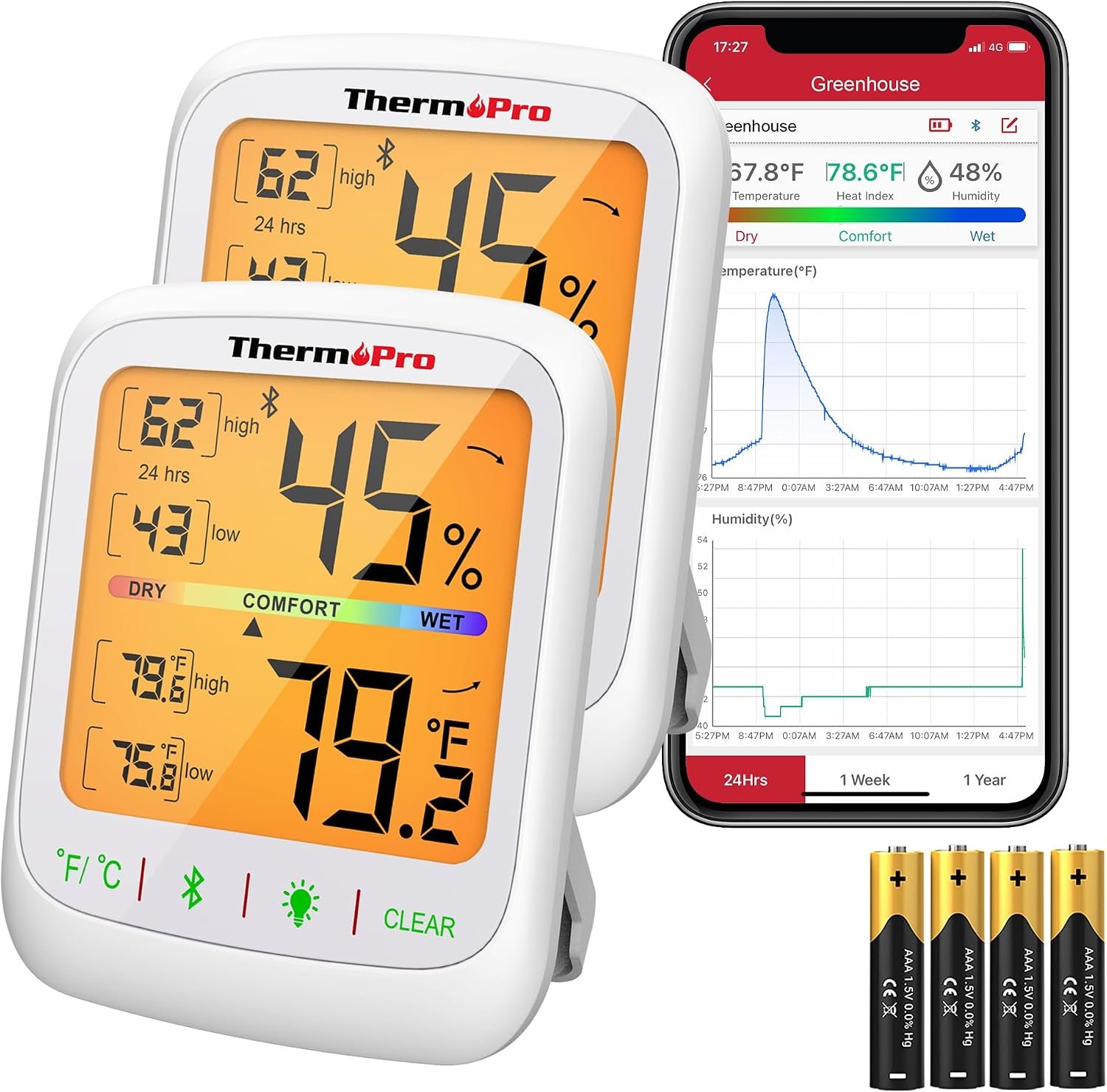 ThermoPro Bluetooth Hygrometer Thermometer, 260FT Wireless Remote Temp and Humidity Meter, with Large Backlit LCD, Data Storage and Export, Temperature and Humidity Monitor, Max Min Records, 2 Pack