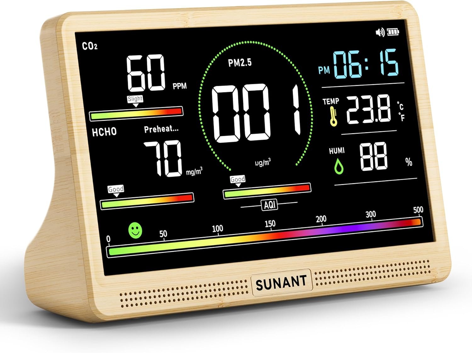 16-in-1 Air Quality Monitor Indoor, 7′ Smart Large Display 9 AQI+7 Alarm Alerts, Real Time CO2, Formaldehyde, TVOC, PM2.5, PM10, Temperature & Humidity Portable Battery Powered Tester for Home, Office