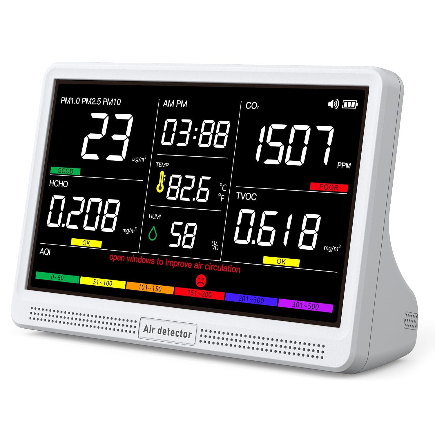 Upgrade Extended 12-Hour Battery Life 16 in 1 Air Quality Monitor Indoor with 7″ Display, Professional Air Quality Meter for CO2, TVOC, PM2.5, PM1.0, PM10, HCHO, Temperature, Humidity, AQI & Time