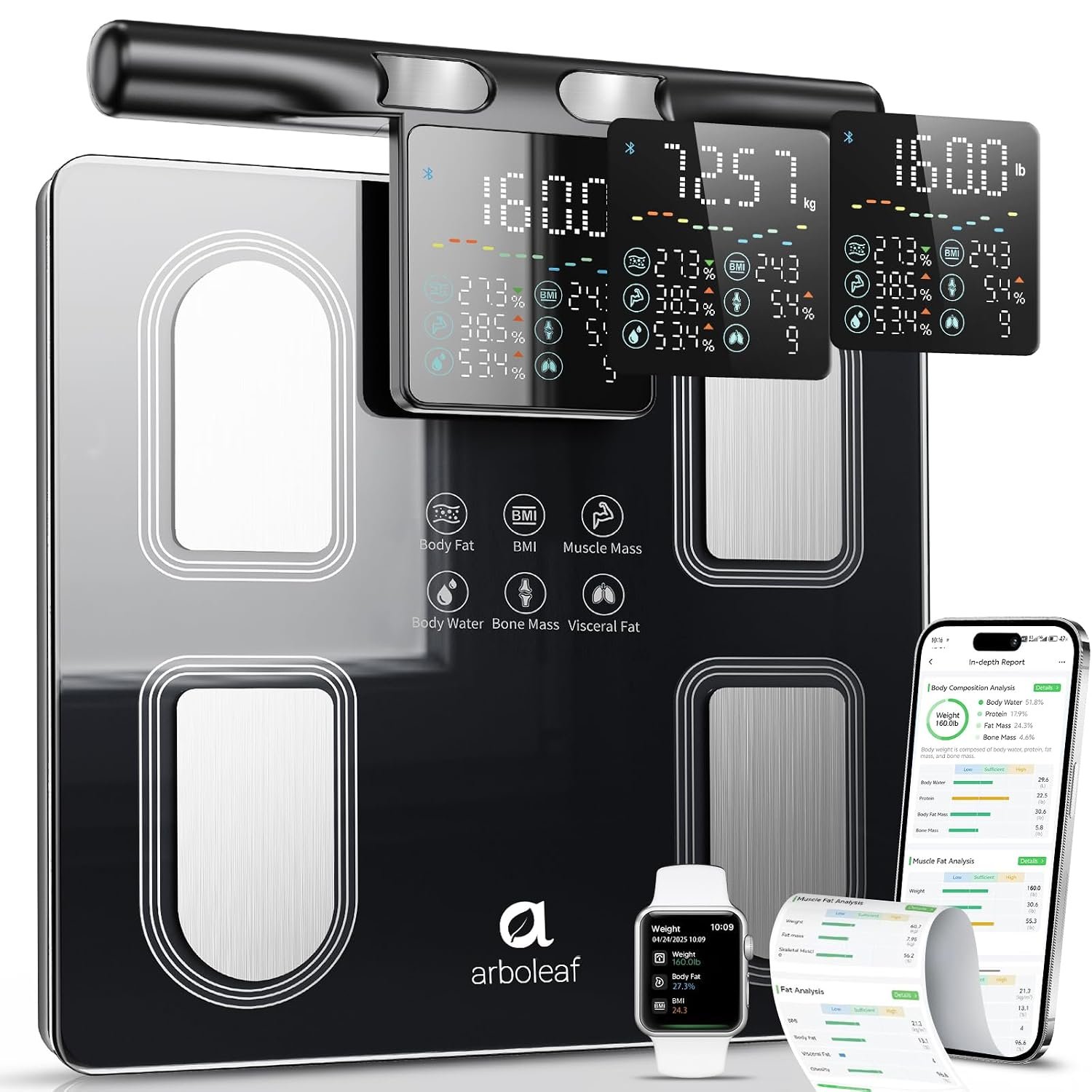 Arboleaf Smart Scale with Handle Display – 8-Electrode Body Pod Fat Scale, 50+ Metrics (BMI, Muscle, Visceral Fat), Bluetooth Scale for Body Weight, Unlimited Users, Home & Gym 400lbs, Black