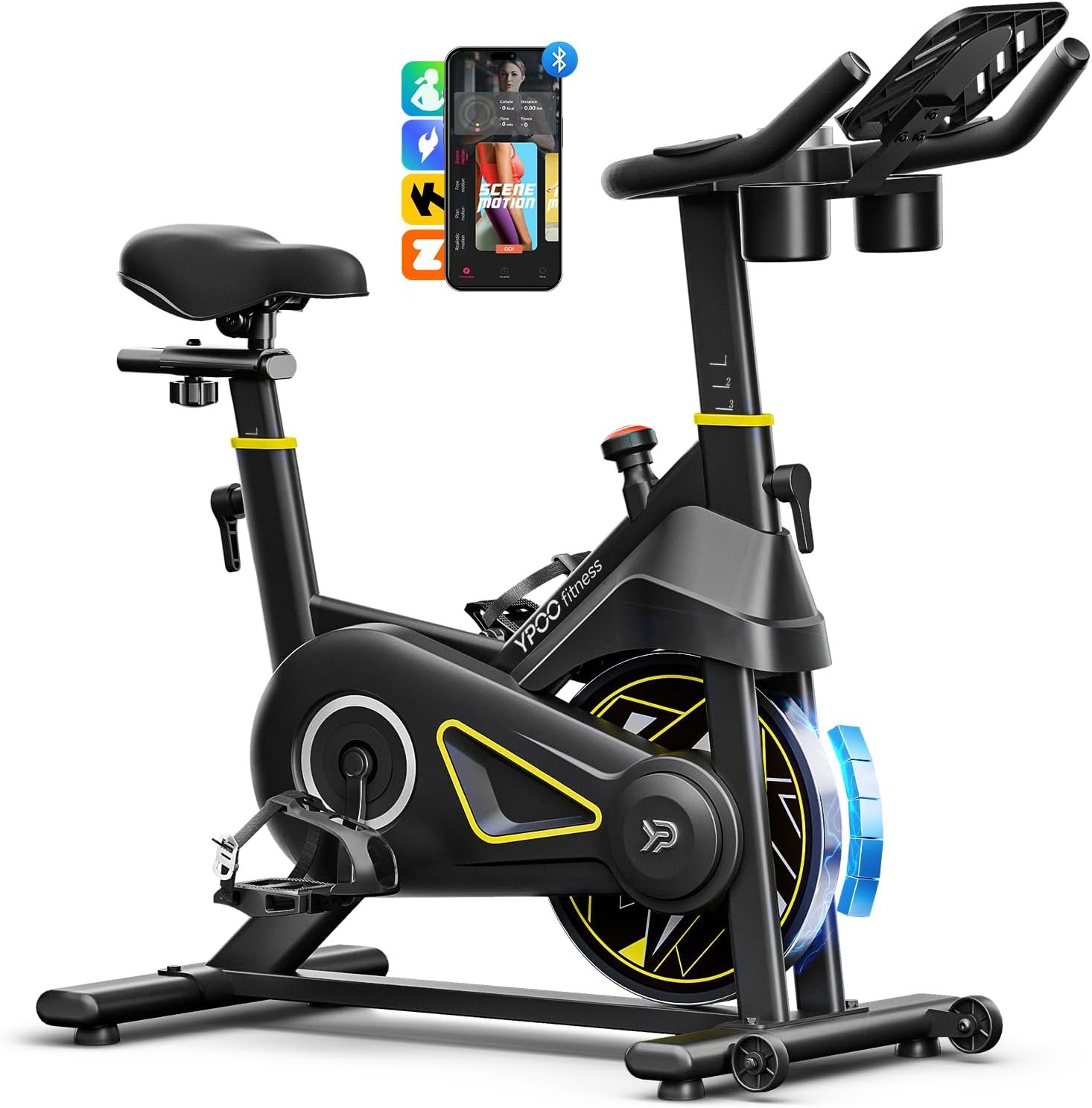 YPOO Exercise Bike, Adjustable Magnetic Resistance Stationary Bikes for Home Cardio with Exclusive App, Indoor Bike with 330lbs Weight Capacity Comfortable Seat, Tablet Mount and Fitness Courses