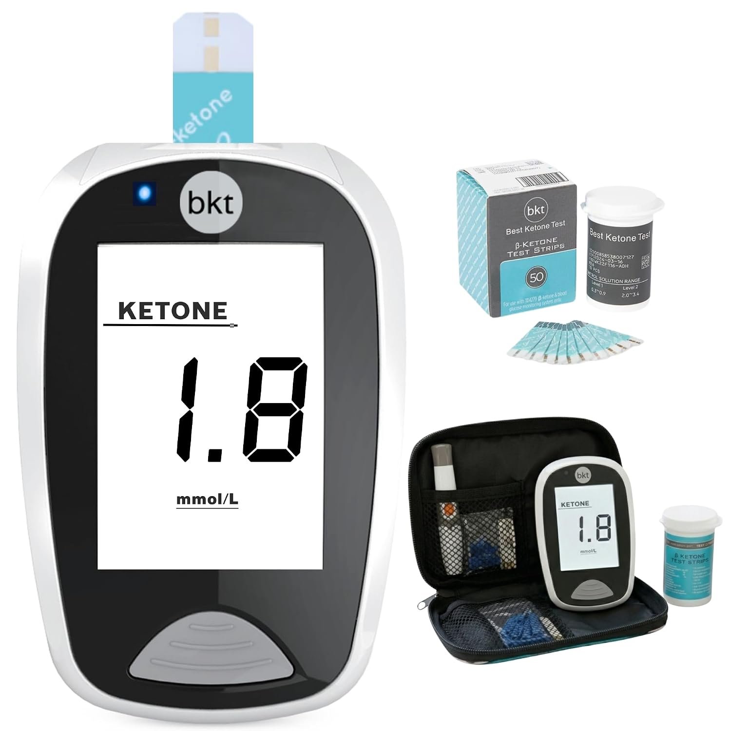 BKT Ketone Focus Kit Blood Glucose & Ketone Meter Starter Kit FDA-Cleared Ketosis Metabolic Health Low Carb Fasting Diabetes Support +50 Ketone Test Strips +Lancets +Lancing Device +Travel Case