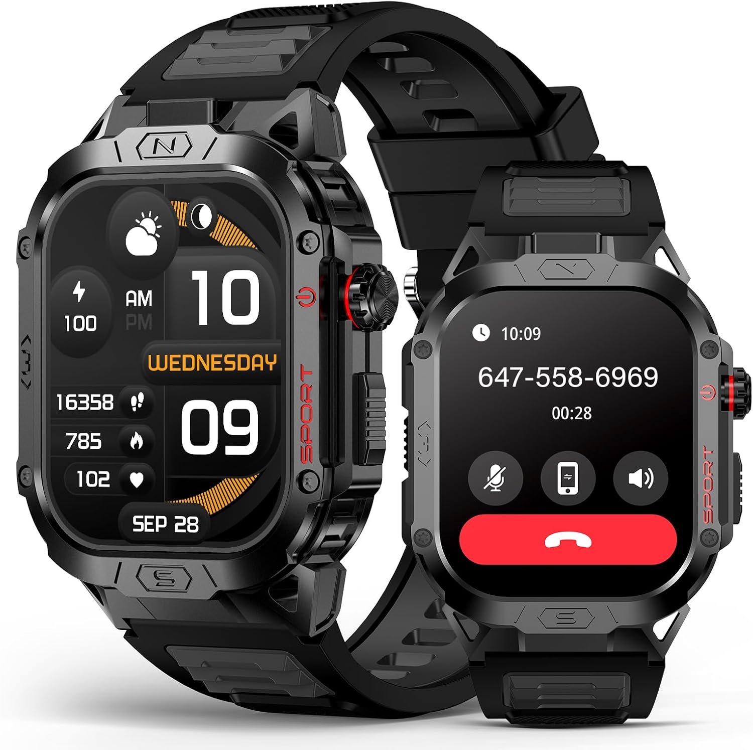 Military Smart Watch for Men, 2.02″ Outdoor Sport Smartwatch with Flashlight, Heart Rate Blood Oxygen Blood Pressure Sleep, 100+ Sport Modes Fitness Tracker Compatible Android and iOS Black