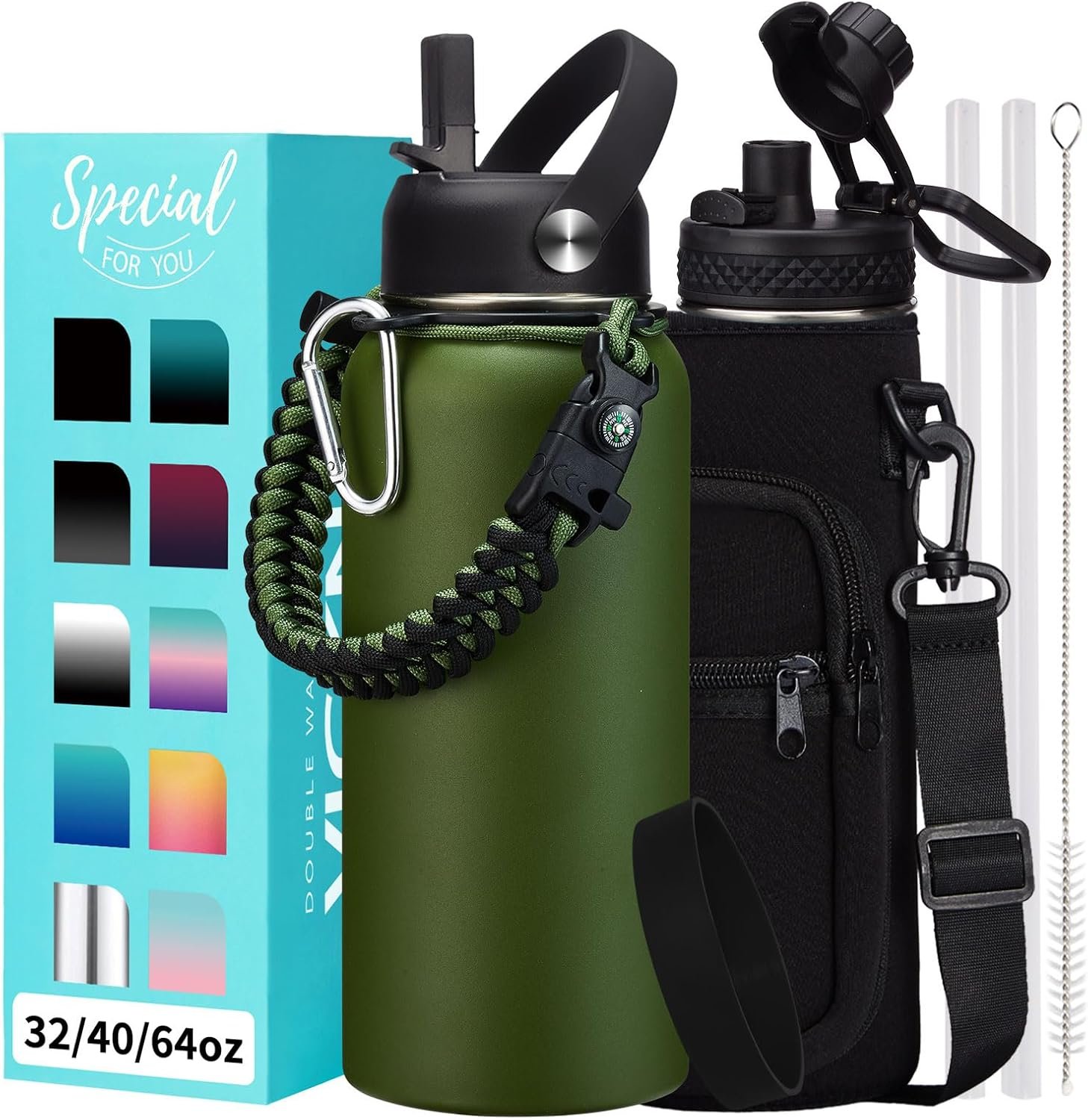 32 oz Water Bottles Insulated with Straw & Chug Lid, Paracord Handle, Strap Carry Bag, Triple Wall Stainless Steel Wide Mouth Thermal Flask for Men Women Gym Outdoor Fitness Sports Hiking, Army Green