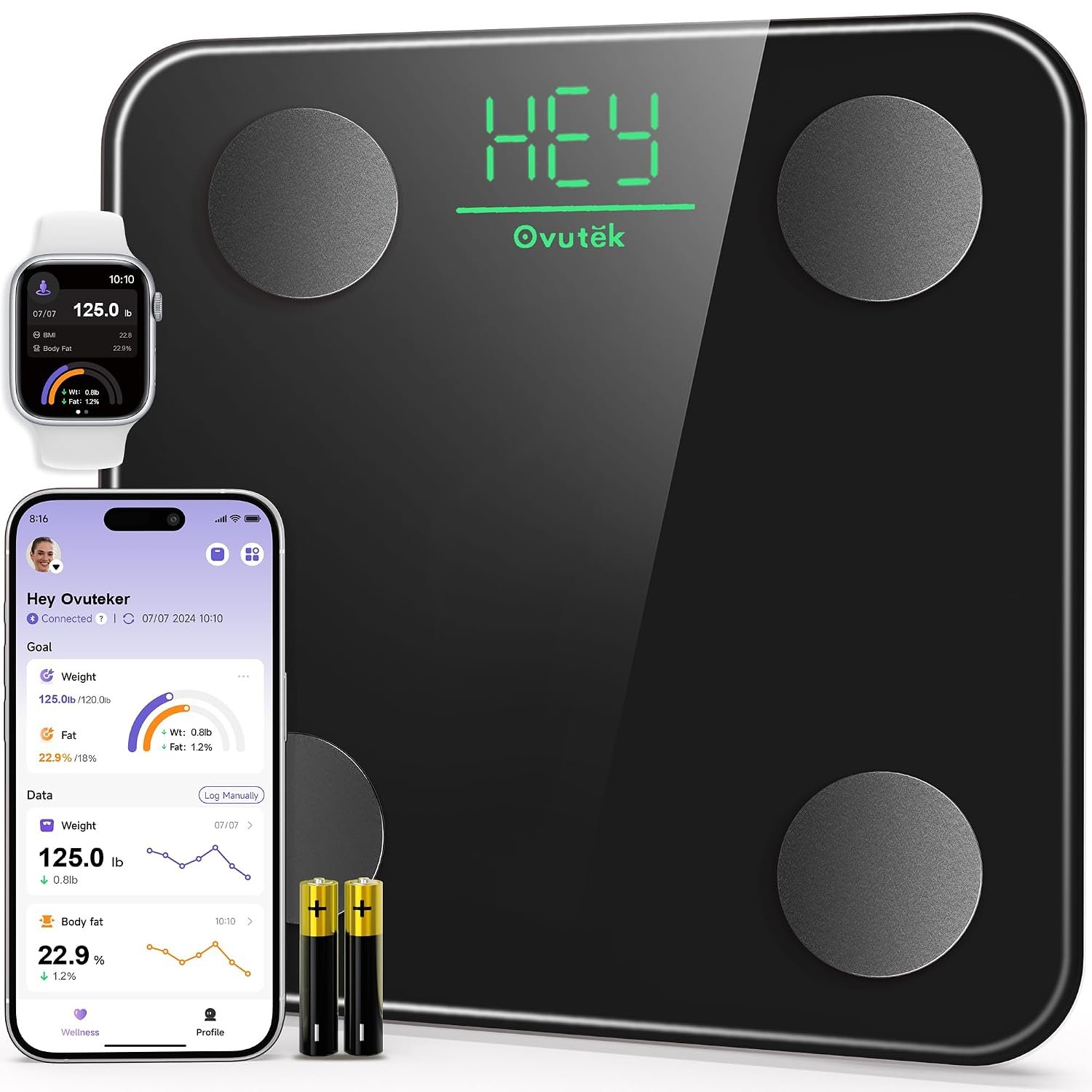 Ovutek Smart Scale for Body Weight, Digital Bathroom Scale BMI Weighing Body Fat Scale, Accurate Body Composition Scale Monitor for People’s Health with Smartphone App, Compact Size, 400lb (Black)