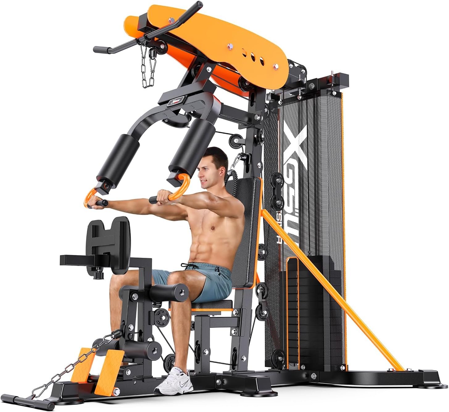XGSW Multi-Function Home Gym Workout Station, Featuring a Pulley System, arm Trainer, and Leg Trainer for Full-Body Workouts.