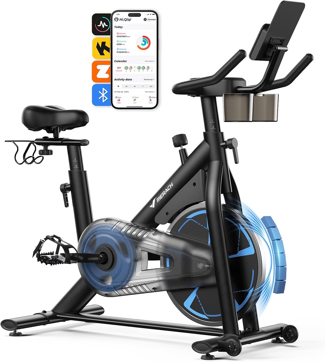 Merach Magnetic Exercise Bike, Low Noise Stationary Bike for Home with Comfortable Seat Cushion, Spinning Bike with 330 lb Weight Capacity, Exclusive App, Tablet Mount and Fitness Courses