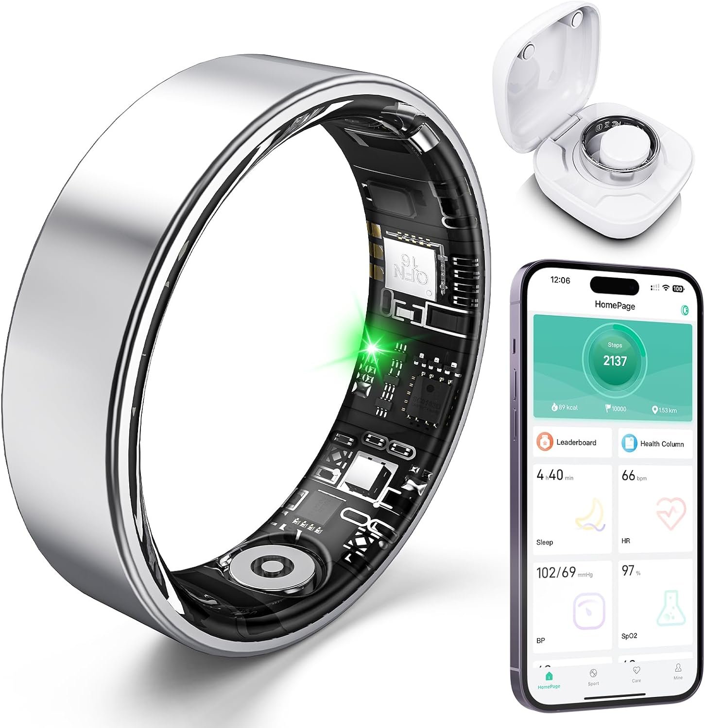 Smart Ring with Sleep Monitoring, Step Counting, Heart Rate for iPhone and Android, No Subscription Fee, IP68 Waterproof Health Tracker (Silver, 8)