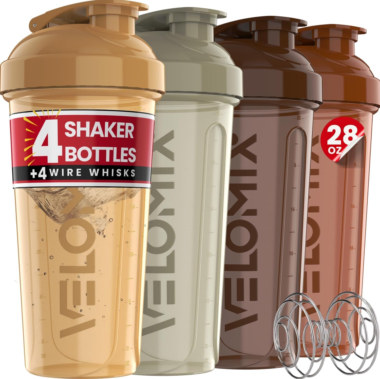 VELOMIX -4 PACK 28 Oz Protein Shaker Bottle for Protein Mixes -4x Wire Whisk | Leak Proof Shaker Cups for Protein Shakes | Large, Stackable Protein Shaker Bottle Pack | Dishwasher Safe (A3) Urban Tone