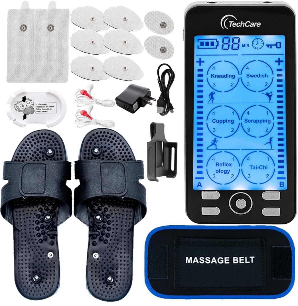 TENS Unit Muscle Stimulator with 24 Modes, 20 Intensities TENS Machine for Gradual Back Pain Relief Therapy, Rechargeable EMS Unit Massager with 10 TENS Electrode Pads,Slippers and Massager Belt