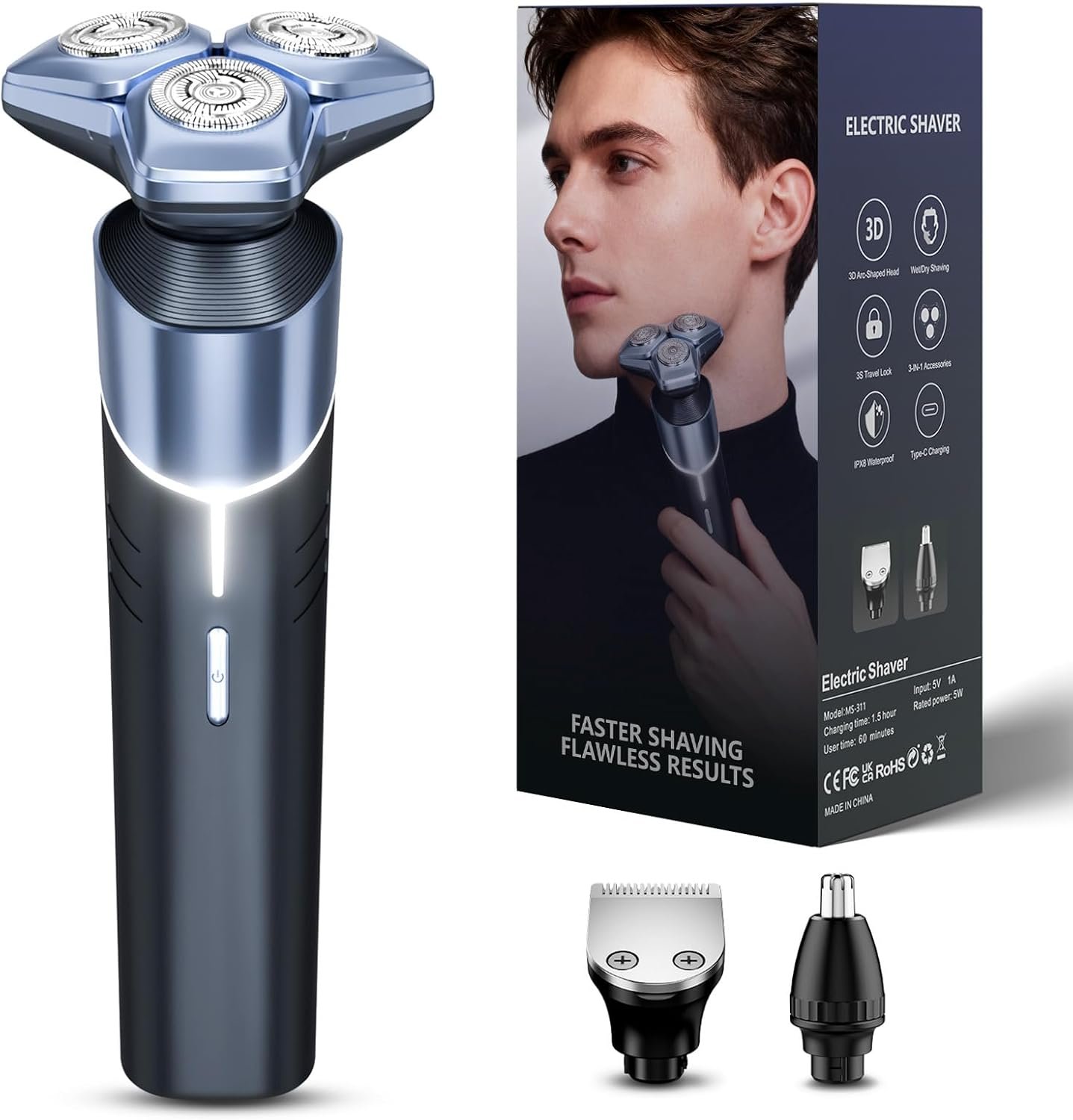 Electric Razor for Men: 3-in-1 Shaver with Hair Clipper and Nose Hair Trimmer, Delicate Blue