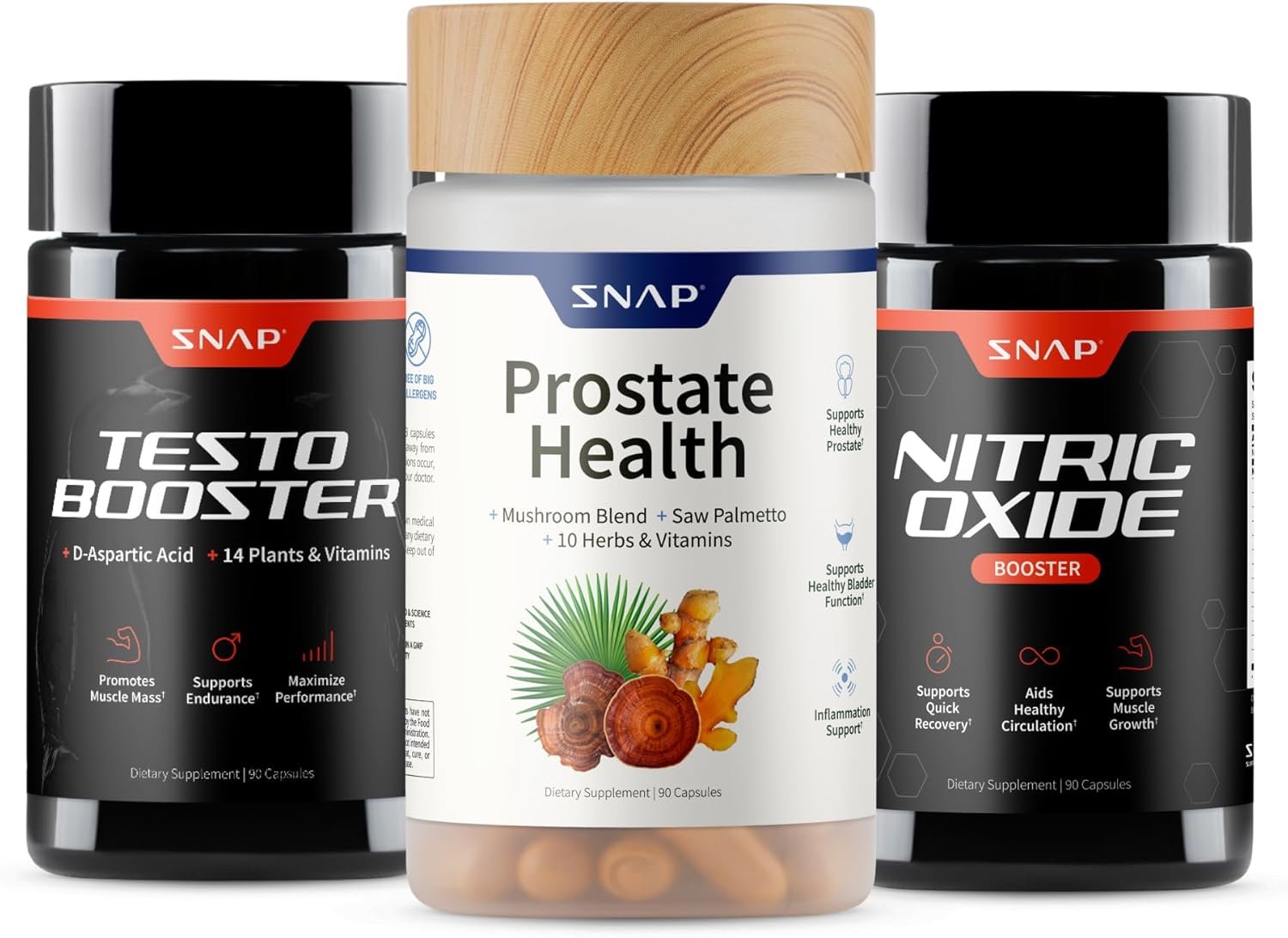 Snap Supplements Big Boy Bundle, Includes Prostate Health with Saw Palmetto for Men, Testo Booster for Men & Nitric Oxide Booster, 90 Capsules Each