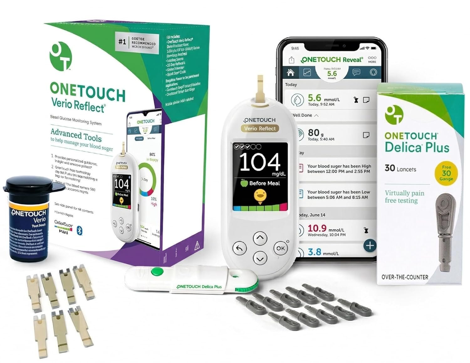 OneTouch Verio Test Kit – Includes Verio Reflect Blood Glucose Meter, 30 Lancets, Lancing Device, & 30 Test Strips – Diabetes Care Supplies