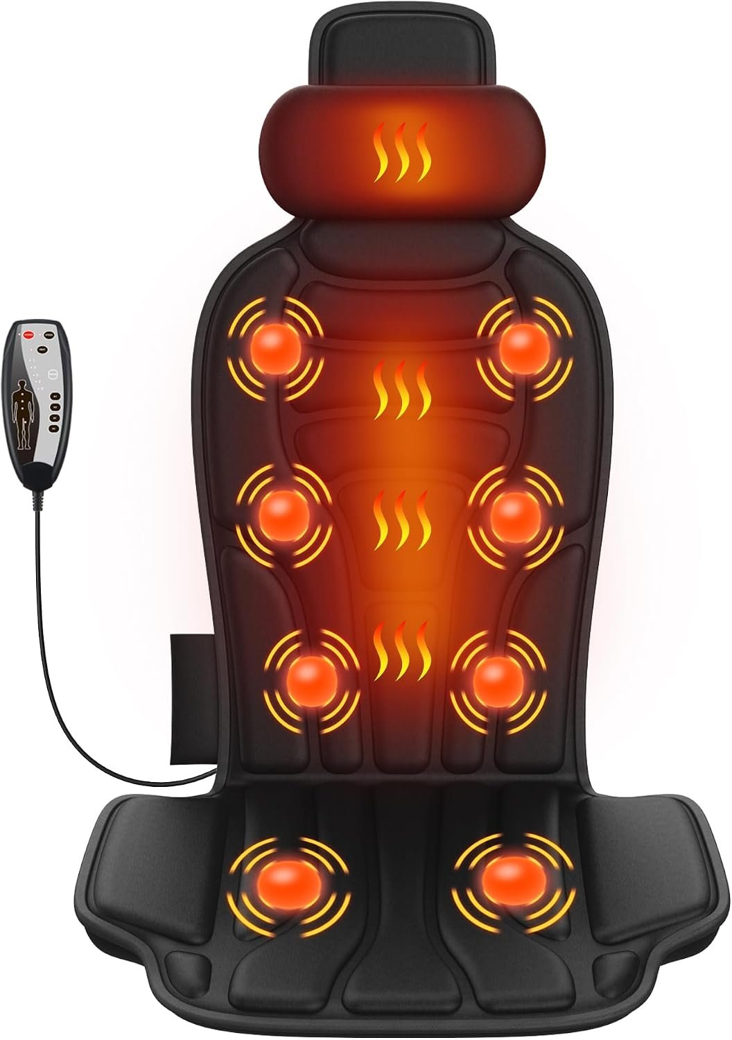 Back Massager with Heat, 8-Motor Vibration Chair Massage Pad with Heated Neck Pillow, 5 Modes & 2 Heat Levels, for Office Chair, Sofa and Recliner, Midnight
