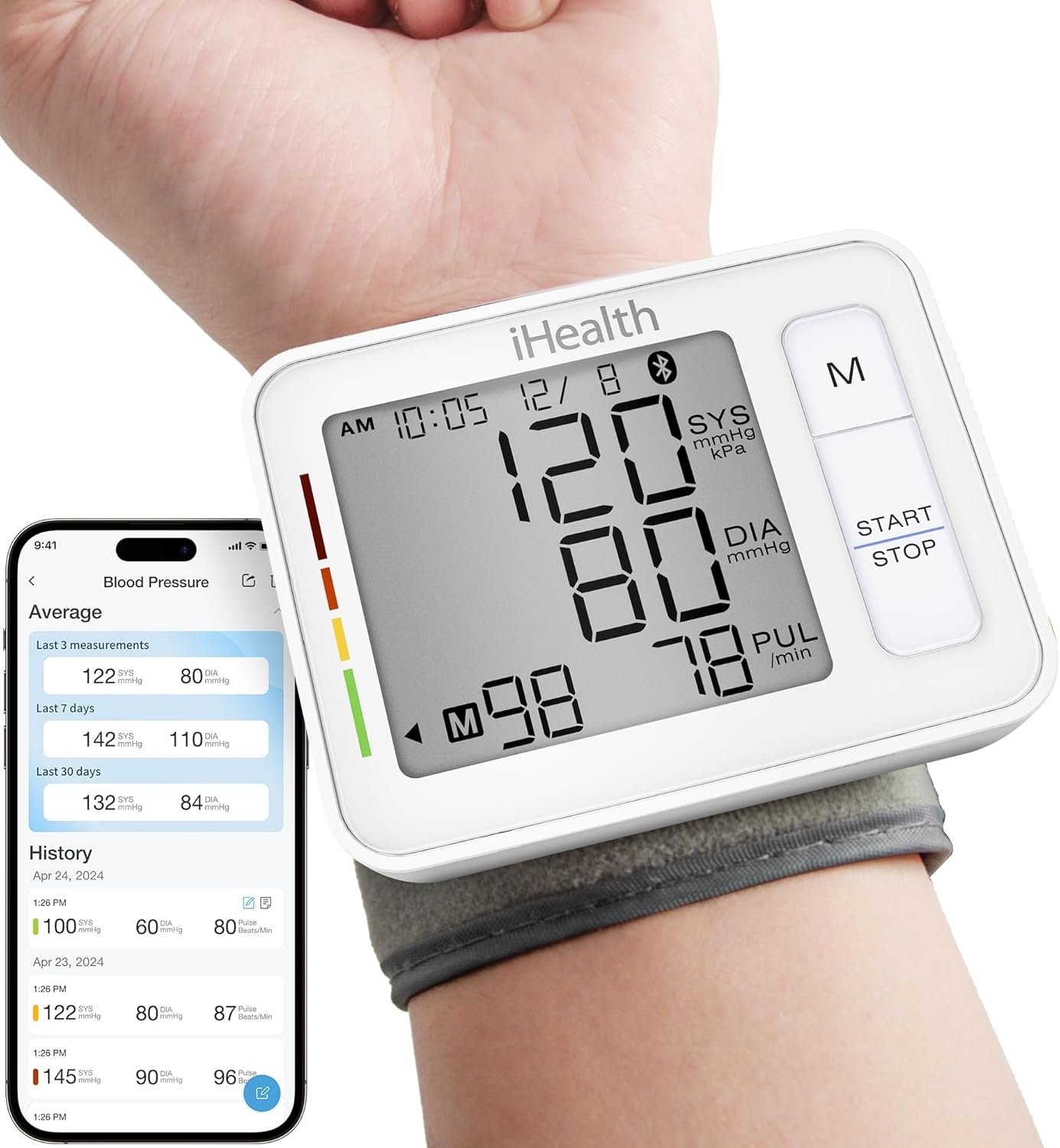 iHealth Push Wrist Blood Pressure Monitor, Bluetooth Smart BP Machine with App, Clinically Validated, Large Digital Display & Travel Case, High Accuracy for Home Use, Cuff Fits 5.5″-7.75″
