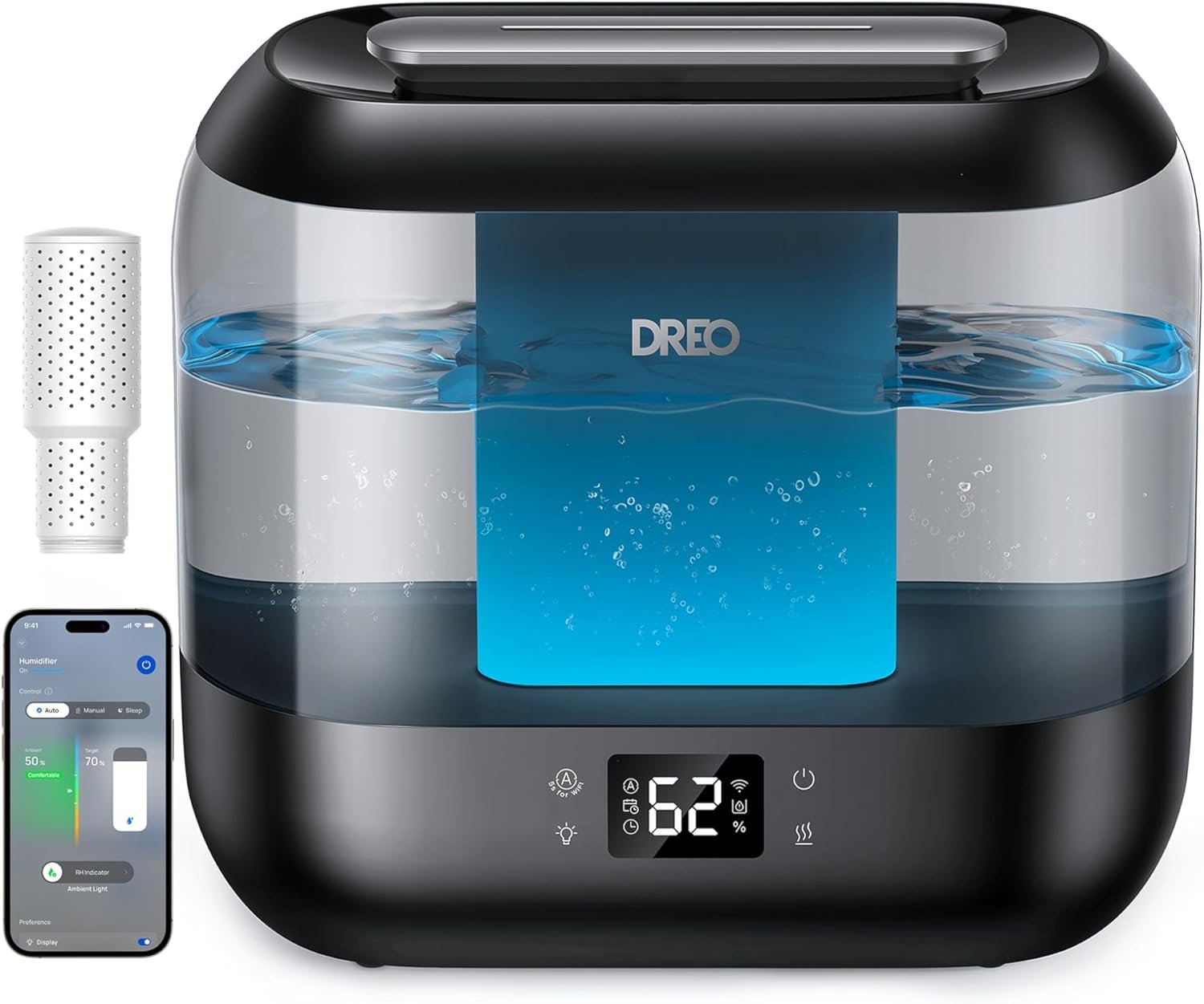Dreo Smart Humidifiers for Bedroom-Filter Included, Top Fill 4L Humidifier Large Room with 28 dB, 36H Runtime, Touch/APP/Voice Control, Nightlight, Cool Mist Humidifiers for Baby, Plants, Ebony