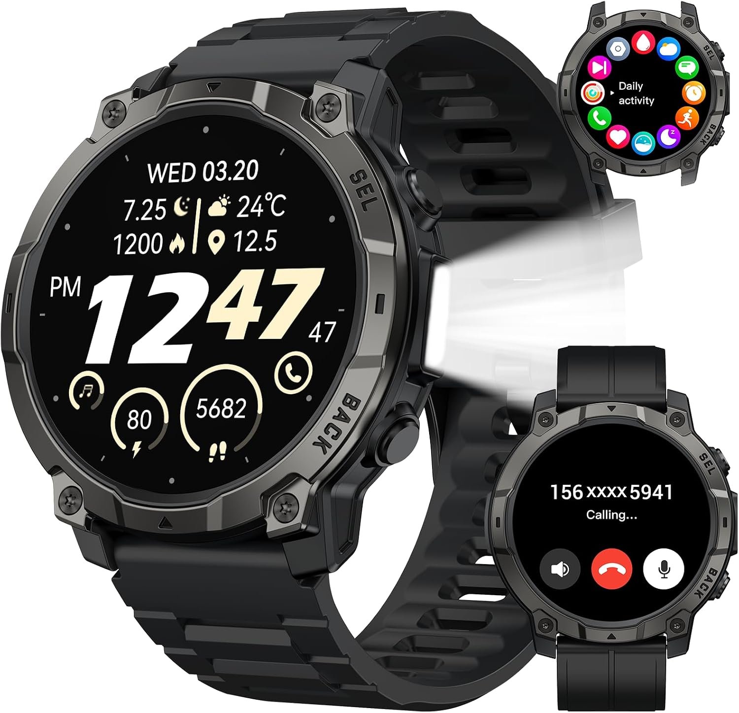Military Smart Watch for Men, 1.39” Fitness Tracker with LED Light, Step Counter, Sleep Calorie Monitor, Waterproof, 420mAh， Smartwatch (Make/Answer Call) for Android iPhone (Black)
