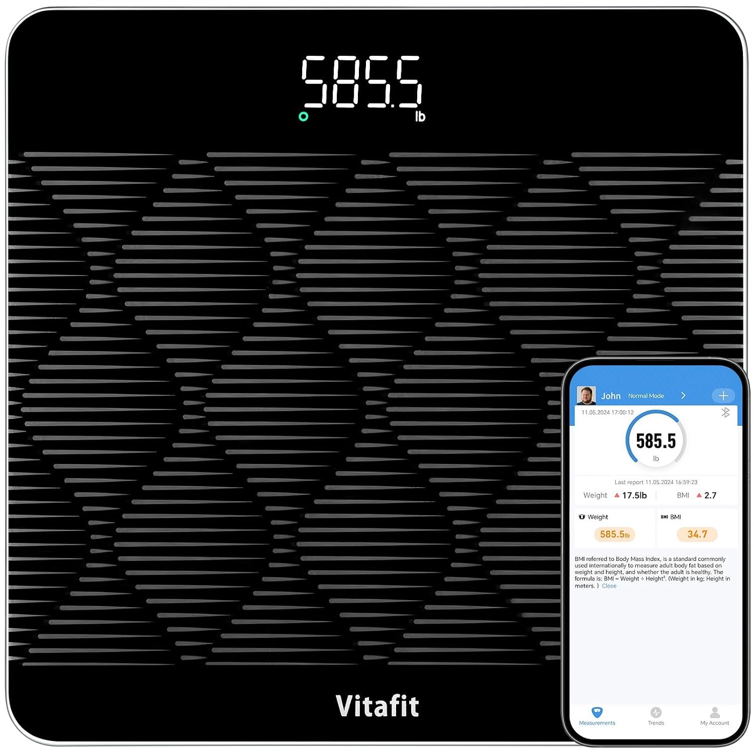 Vitafit FSA&HSA 660lb Weight Scale, Accuracy 0.1lb by Our Professional Scale Factory Since 2001,Smart Digital Scale for Body Weight BMI via APP, 8mm Non-Slip Tempered Glass 12.4″ x 12.4″,3xAAA, Black