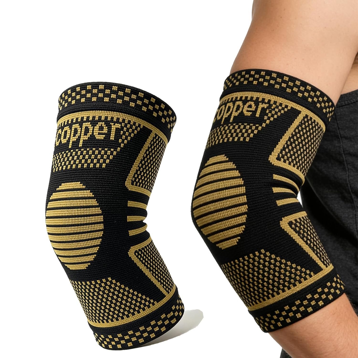 Copper Elbow Compression Sleeve, Tennis Elbow Brace for Men and Women, 4-Way Stretch, Pain Relief, Recovery, Arthritis, Tendonitis, Bursitis (Black-Copper, X-Large)