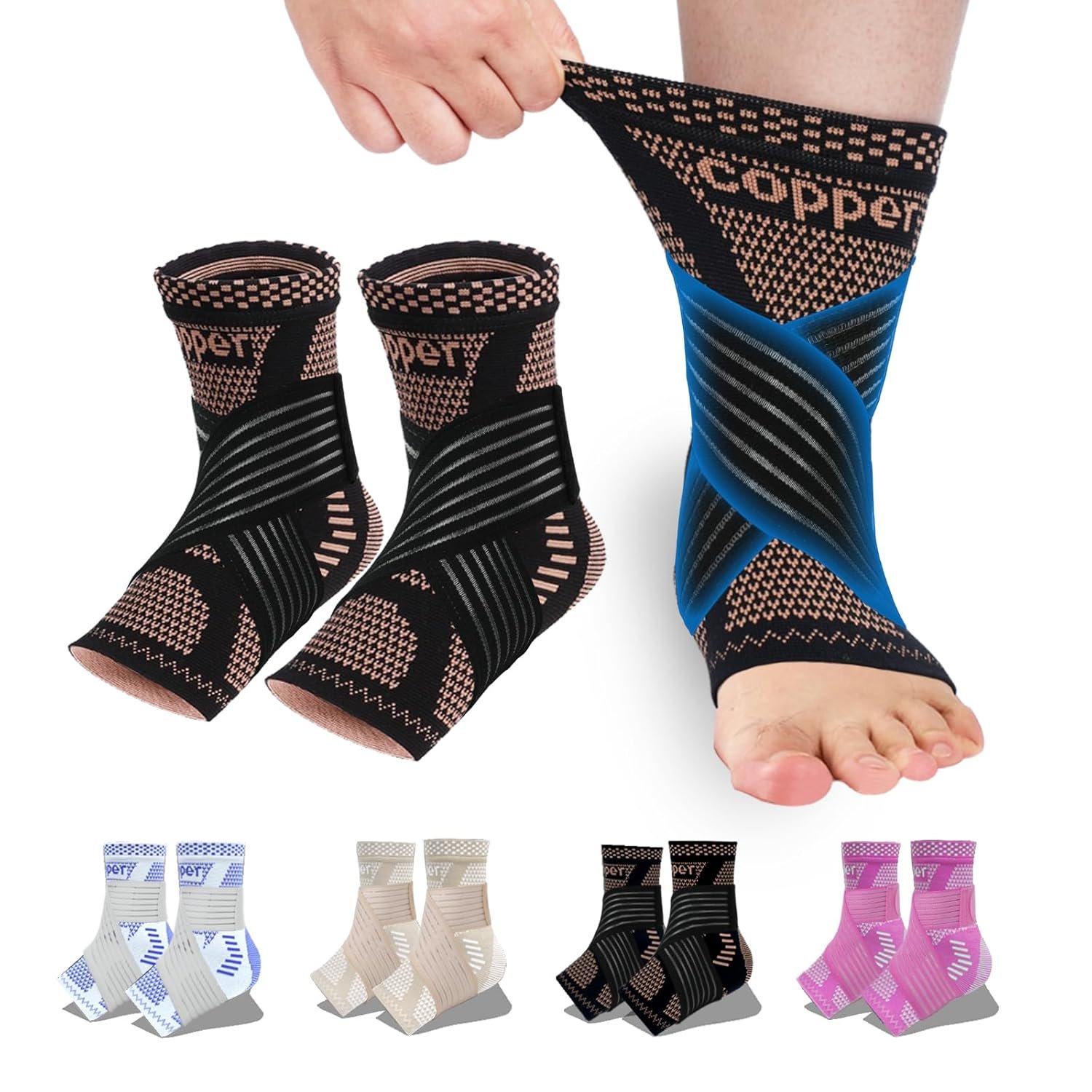 LISEPWU Copper Ankle Brace with Adjustable Compression Bandage, Ankle Support Compression Sleeve for Men & Women, for Foot Pain, Sprained Recovery, Achilles Tendonitis, Sports Protection(Black L)