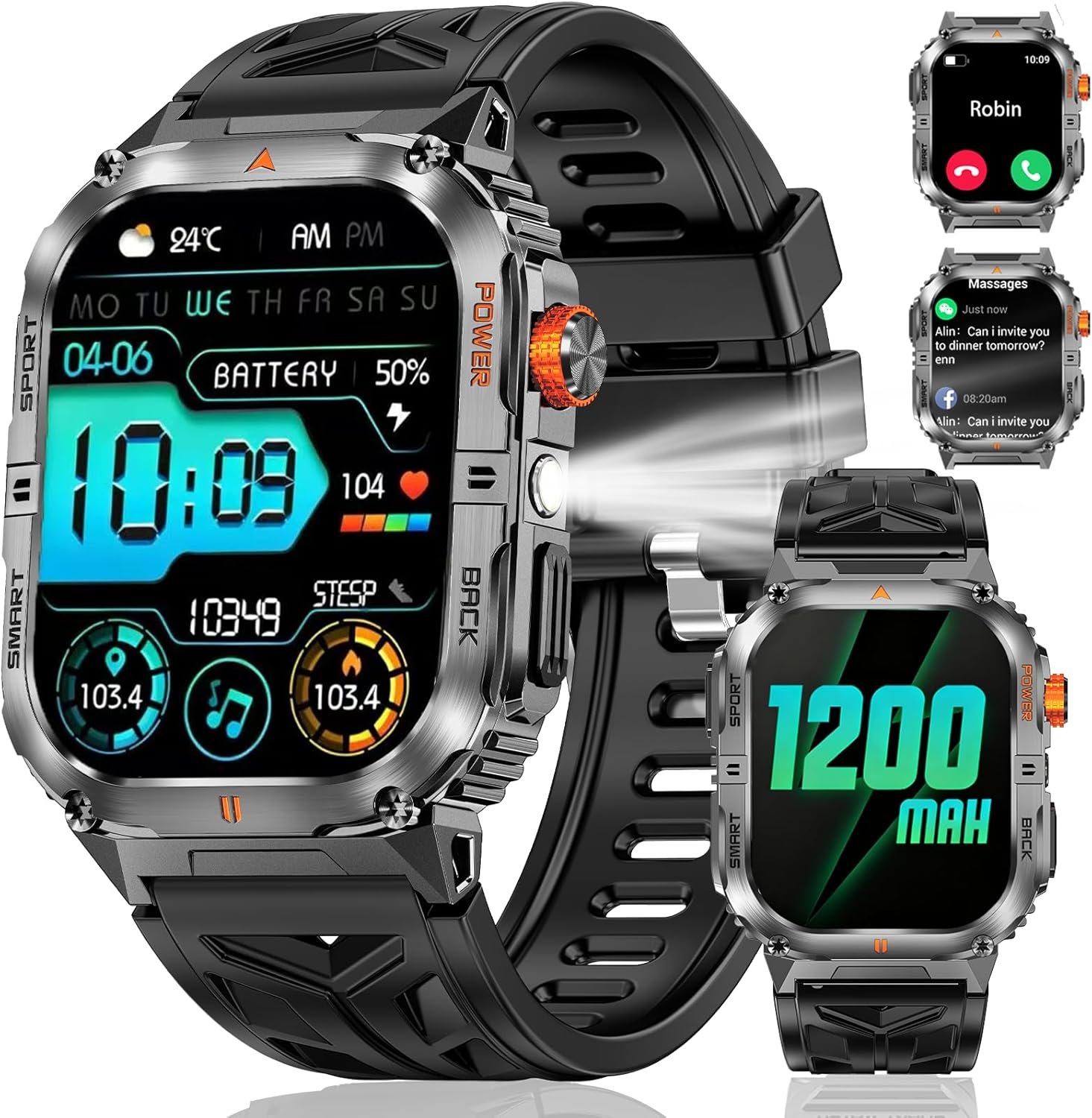 Military Smarty Watch for Men, 2.01″ Smartwatch with 1200mAh Battery, Flashlight, Answer/Make Calls, Heart Rate/Sleep Monitor 100+ Sport Modes Fitness Tracker for Android/iPhone