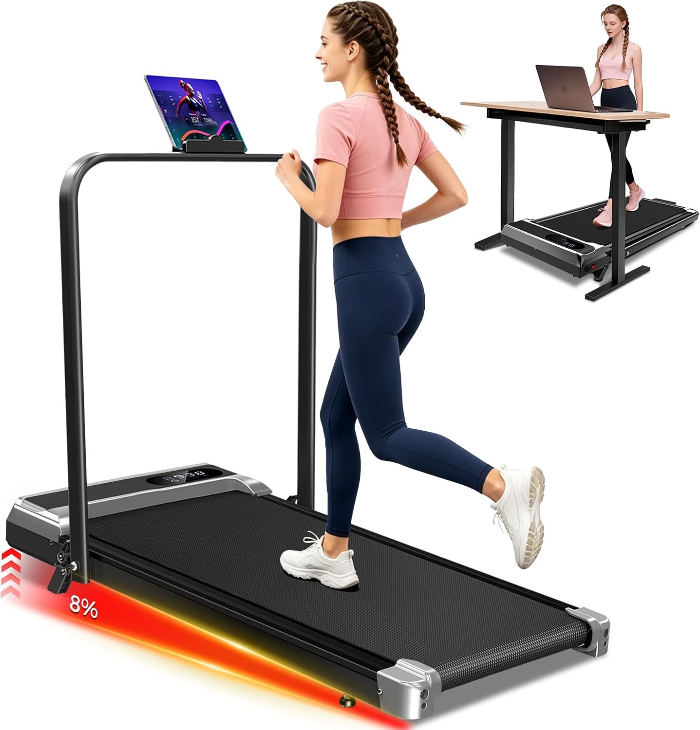 Walking Pad Treadmill with 8% Incline – Portable Home Tread Mills Quiet Machine Compact Fold up Indoor
