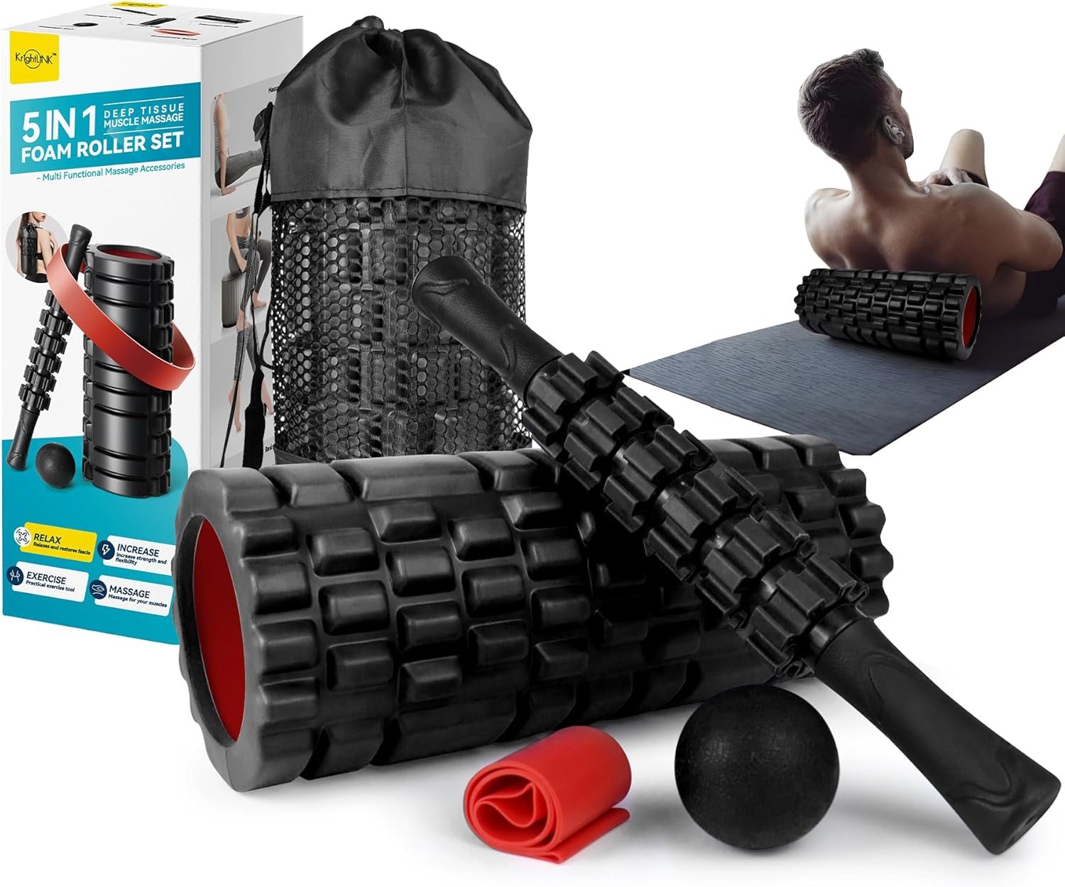 Krightlink 5-in-1 Foam Roller Set – Deep Tissue Muscle Recovery Kit with High Density Exercise Roller, Massage Ball, Resistance Band & Carry Bag for Physical Therapy & Pain Relief (Black)