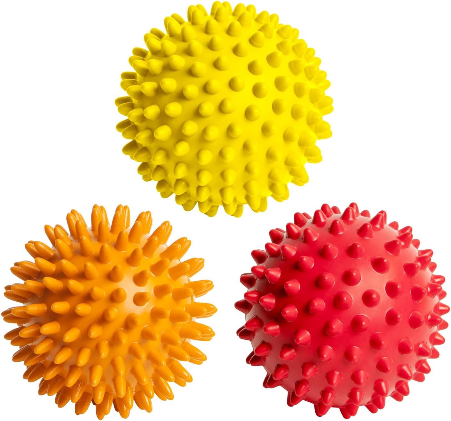 Spiky Massage Balls for Feet, Back, Hands, Muscles – Firm, Medium and Soft Spiked Massager Rollers for Plantar Fasciitis, Exercise, Neuro-Balance, Physical Therapy, 3-inch