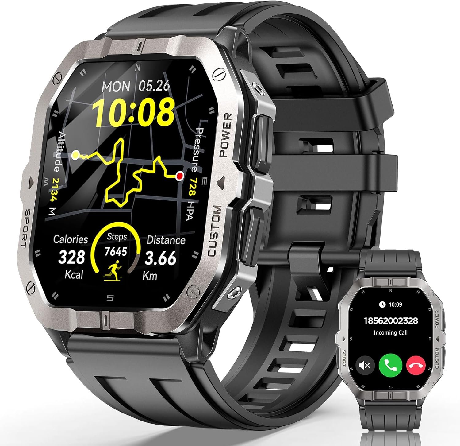 Smart Watches for Men (Answer/Make Calls), 2.02” Military Smart Watch Built-in GPS with Sleep Monitor/Heart Rate/100+ Sport Modes, Waterproof Smartwatch Fitness Tracker for Android and iPhone Black