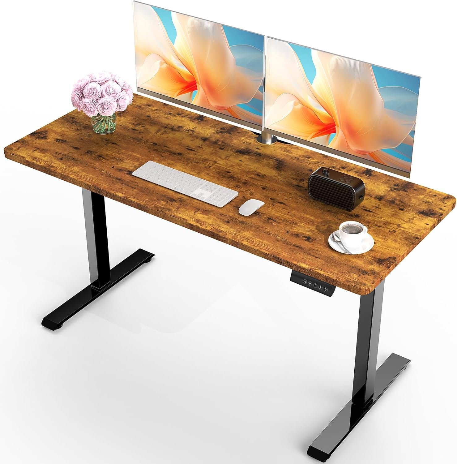 Veken 55 Inch Large Electric Standing Desk, Heights Adjustable, Sit to Stand Up, Work Home Office Computer Table for Study, Walking Pad, Writing, and Games, Wooden Desktop Desks, Brown