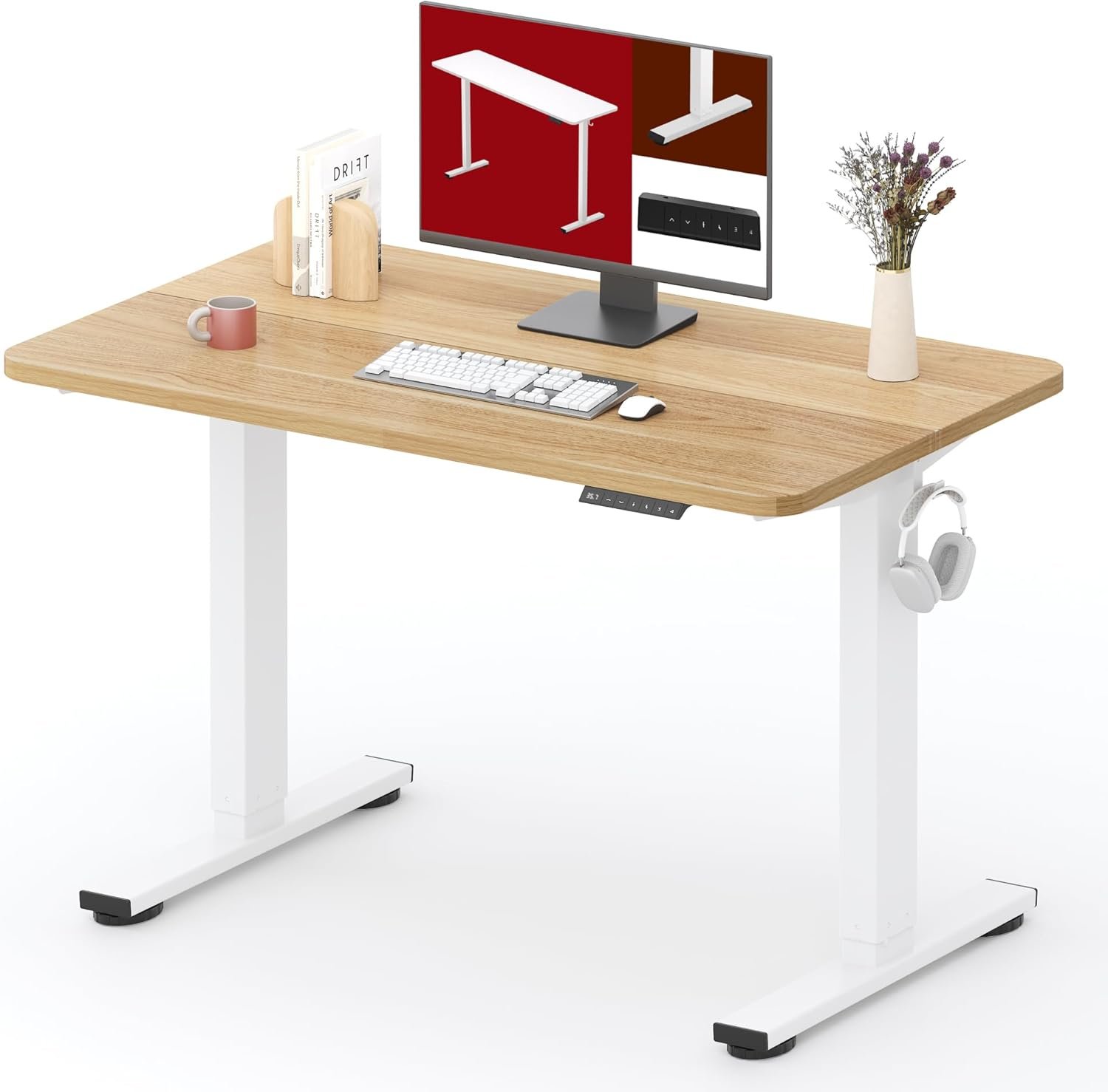 SANODESK Height Adjustable Electric Standing Desk 40×24 Inches, Sit Stand Desk with Splice Board for Home Office, Ergonomic Computer Workstation, Study & Gaming, White Frame/Maple Top