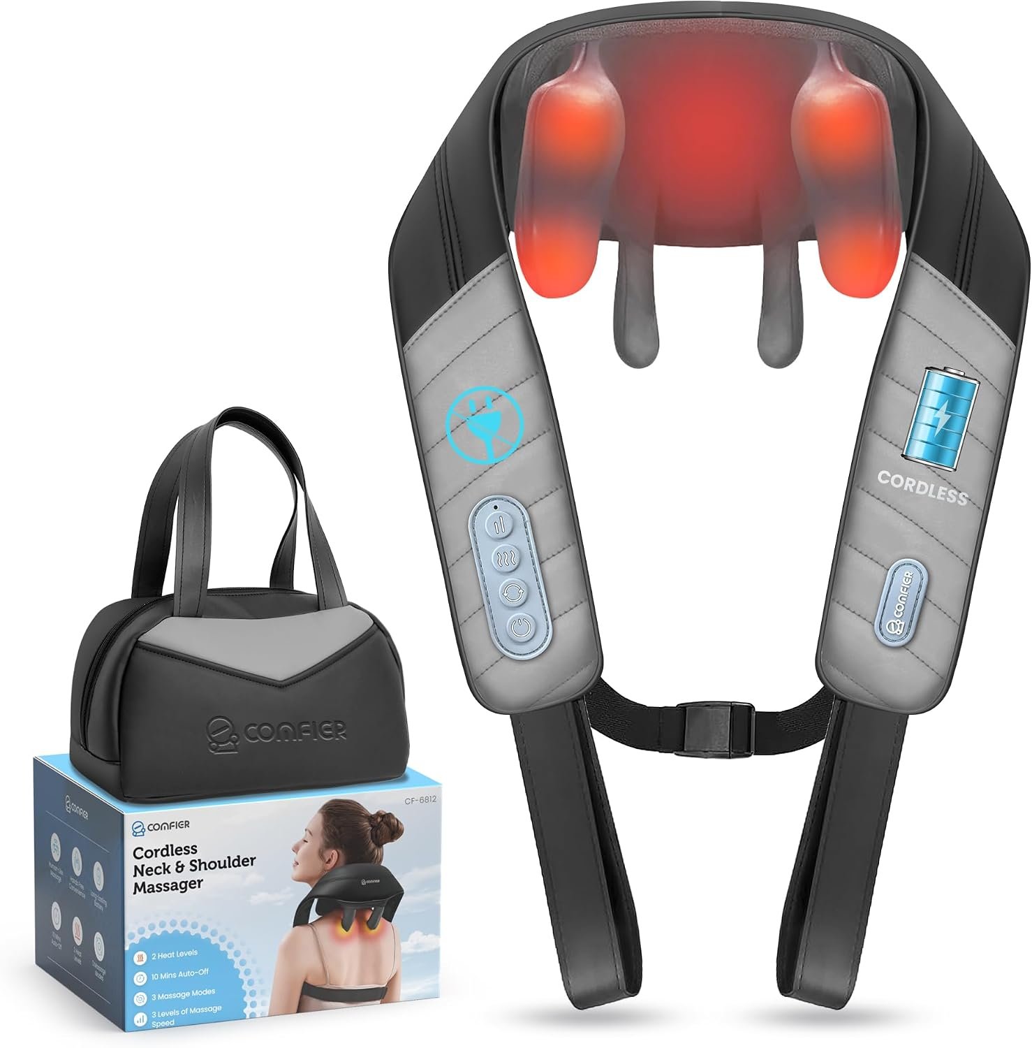 COMFIER Father Day Gifts for Men, 4D Neck and Shoulder Massager with Heat, Cordless Shiatsu Back and Neck Massager for Pain Relief, Hands-Free Massage Pillow with Carry Bag