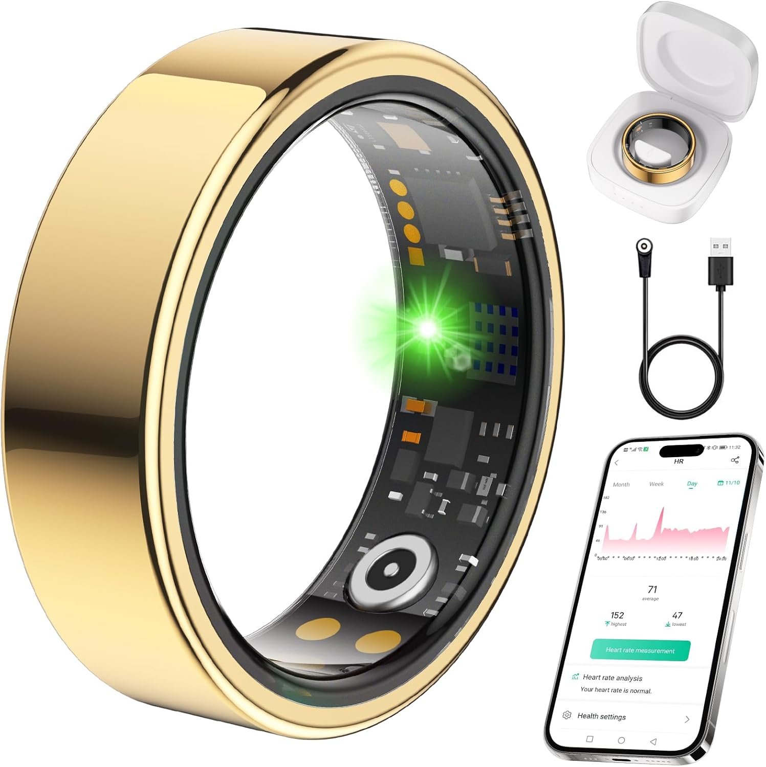 Smart Ring for Women Men Fit Ring with Sleep Monitor, Heart Rate, Blood Oxygen Step Counter, IP68 Waterproof Fitness Ring, No Subscription Fee, Compatible with iOS & Android (Gold, 9#)