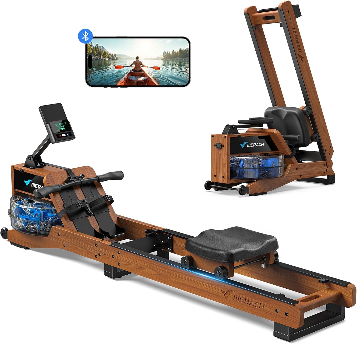 MERACH Water Rowing Machines for Home, Wood Rower Machine with 12 Enhanced Resistance Blades, Upgraded Handle, Adjustable Footpad, Dedicated Monitor & Bluetooth App
