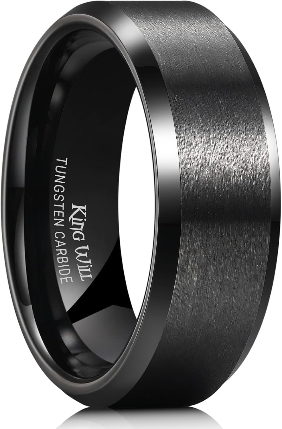 King Will Tungsten Men’s Wedding Ring – Available in 6mm to 10mm, Black/Silver, Matte Finish, Beveled Polished Edge, Comfort Fit
