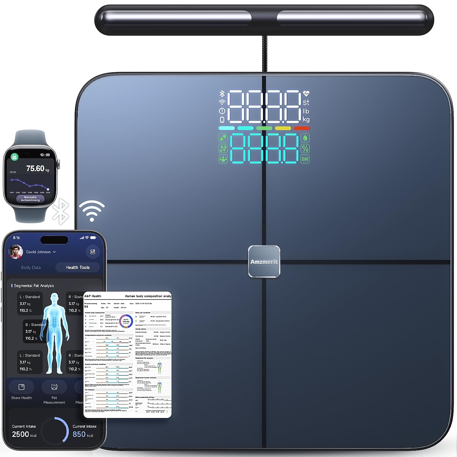 Smart Scale for Body Weight, 8-Electrode Larger Platform Digital Scale for Weight Fat BMI 50 Body Composition Measurement, Bluetooth & Wi-Fi Digital Bathroom Scale, Rechargeable, Dark Blue