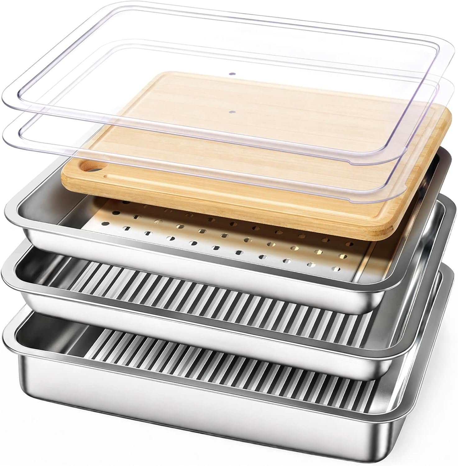 Grilling Prep and Serve Trays, Stainless Steel Large Capacity Food Prep Tray, Grill Carry System, Marinade Container with Lid and Cutting Board, BBQ Grill Accessories, Grilling Gifts for Men