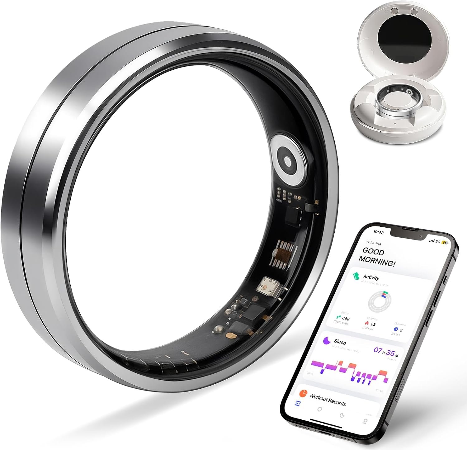 Smart Ring for Women and Men, 5ATM Waterproof Smart Rings Health Tracker with Sleep/Stress/Heart Rate/Activity Monitor, No Subscription, Smart Rings Fitness Tracker for Android iOS, Size 11, Silver