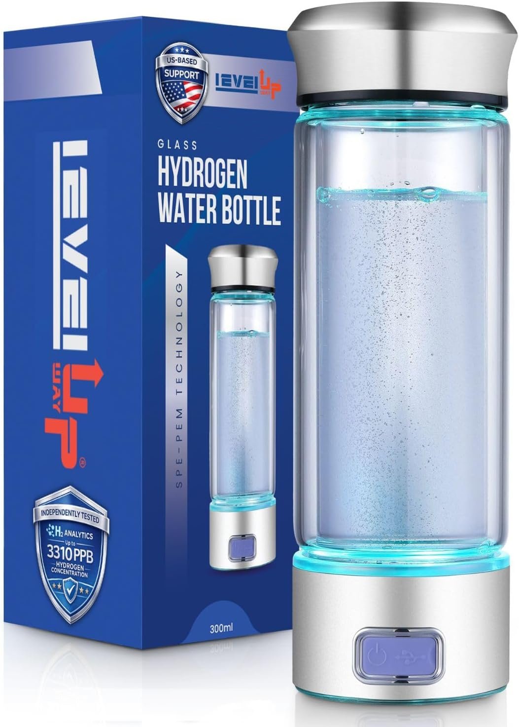 LevelUpWay Hydrogen Water Bottle Generator – Up to 3310 PPB Hydrogen, Lab-Tested by H2 Analytics, SPE/PEM Technology, Premium Borosilicate Glass, Portable for Daily Hydration