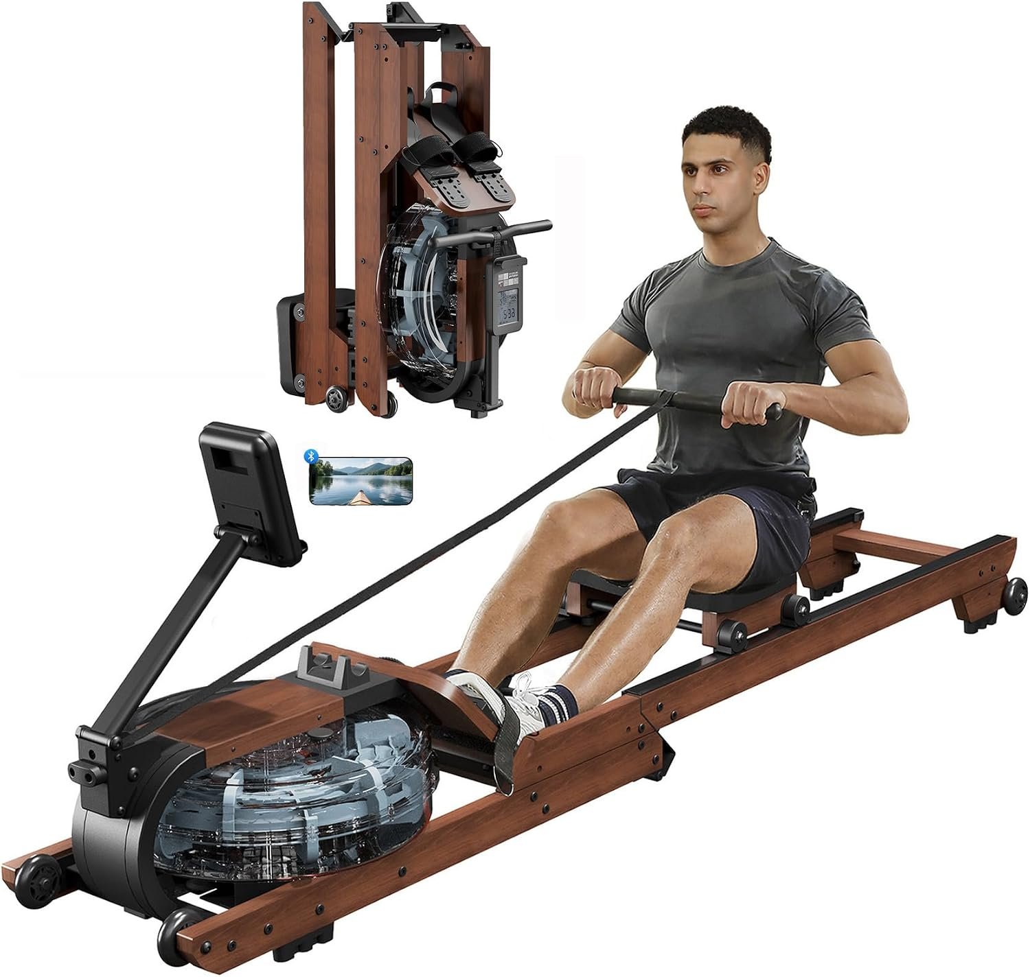 Dripex Rowing Machines for Home Foldable, Water Rowing Machine Max 400 LBS, Rower with Smooth Slide Rail, Comfortable Seat,Bluetooth App Supported,LCD Monitor, Wooden Row Machine for Home Gym Exercise