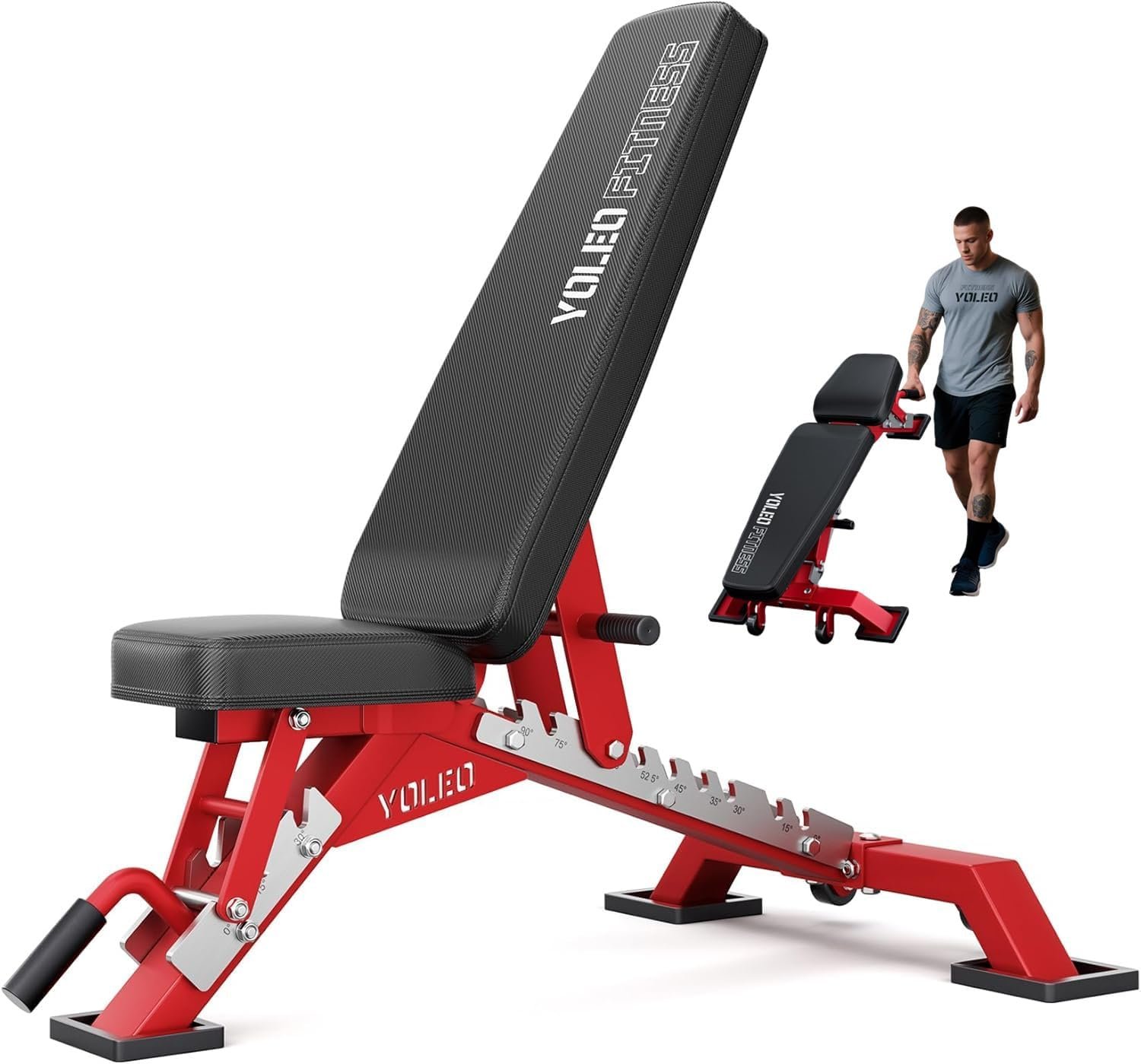 YOLEO Adjustable Weight Bench with Bench Press Stand, Foldable Workout Bench with Extended Head/Elbow Pad(for Users up to 7′)
