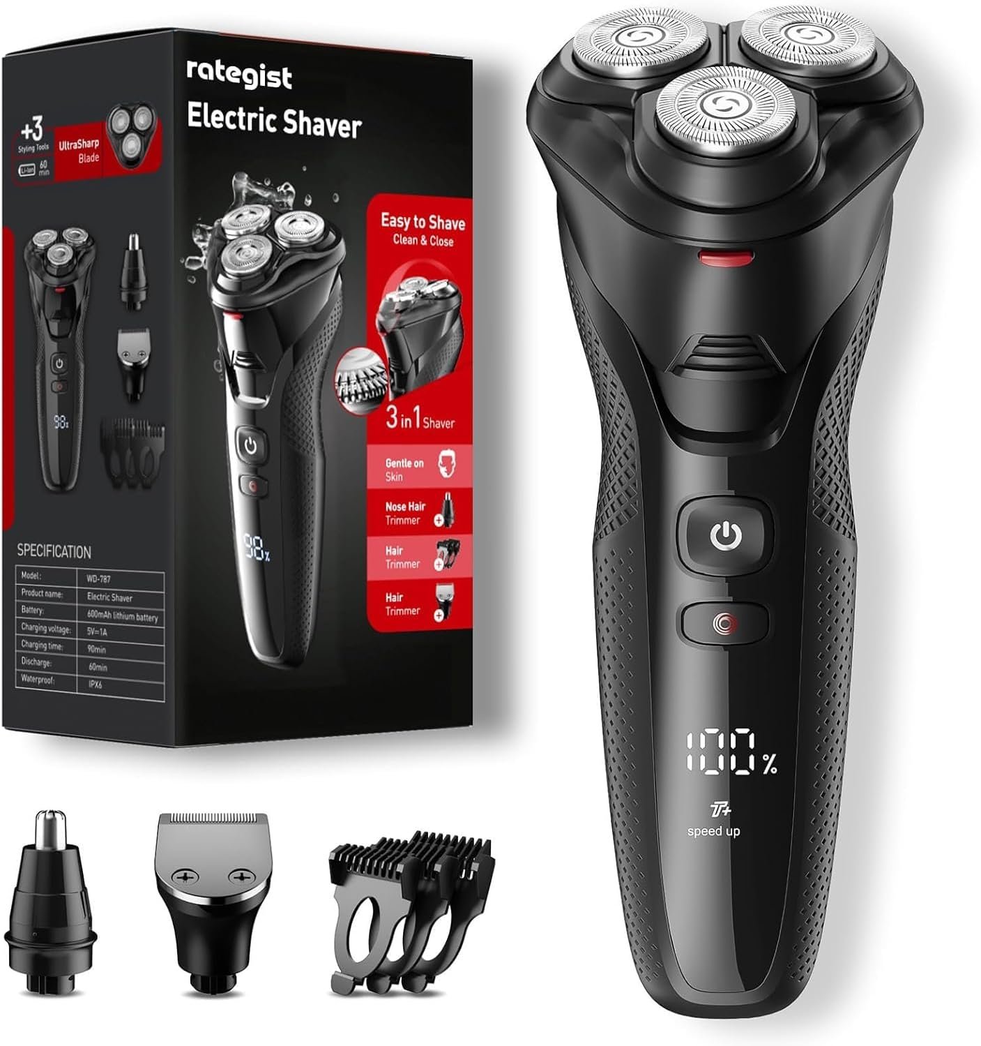 𝟔𝟖%𝐨𝐟𝐟 rategist 3-in-1 Electric Razor for Men: One Touch Acceleration, IPX7 Waterproof Razors for Men, USB-C Rechargeable Electric Shavers for Men – 4D Floating Blades, Wet or Dry