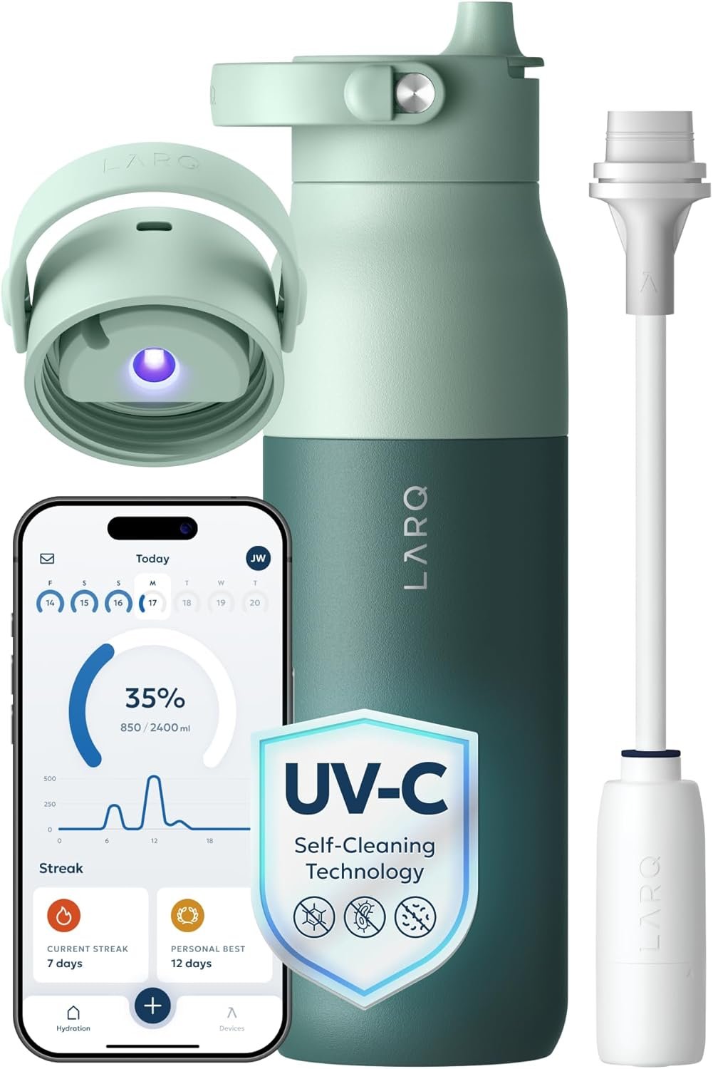LARQ PureVis 2 Self Cleaning Water Bottle – UV Water Purifier with Filter Straw, Smart App Hydration Tracking, Insulated Stainless Steel