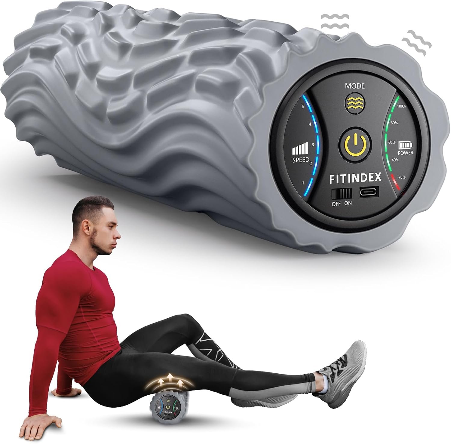 FITINDEX Vibrating Foam Roller for Back Pain, FSA&HSA Eligible, 5-Speed Muscle Massage, Exercise, Muscles Deep Tissue, Physical Therapy, Pilates, Yoga, Neck, Leg, Rechargeable, Travel Portable, Gray